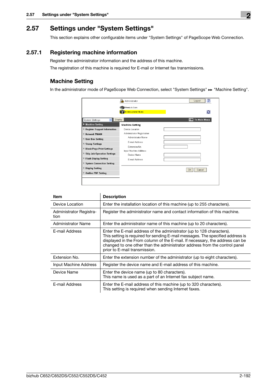 57 settings under "system settings, 1 registering machine information, Machine setting | Settings under "system settings" -192, Registering machine information, P. 2-192 | Konica Minolta BIZHUB C652DS User Manual | Page 210 / 343