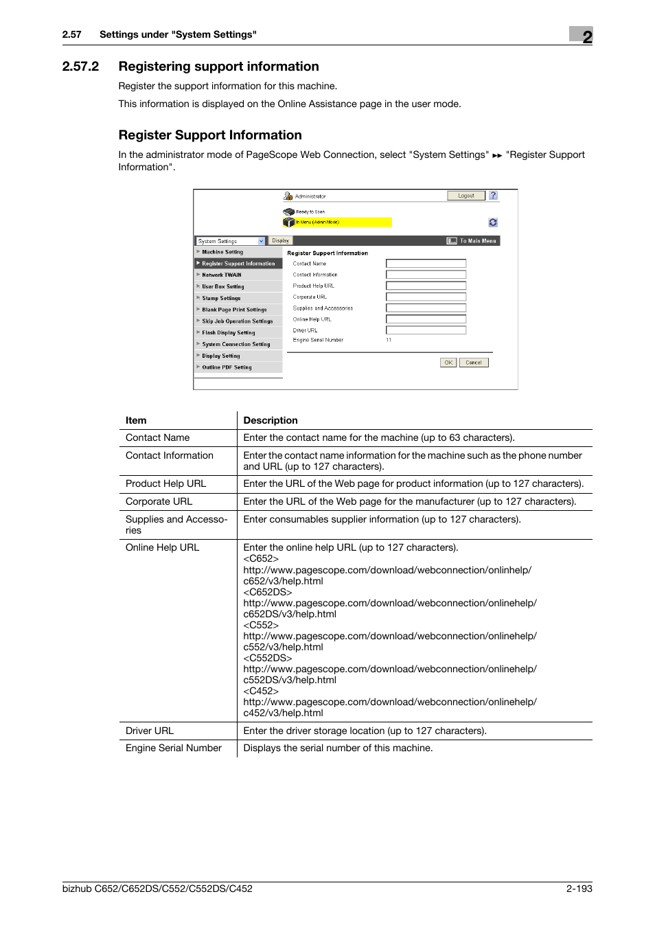 2 registering support information, Register support information, Registering support information | P. 2-193 | Konica Minolta BIZHUB C652DS User Manual | Page 211 / 343