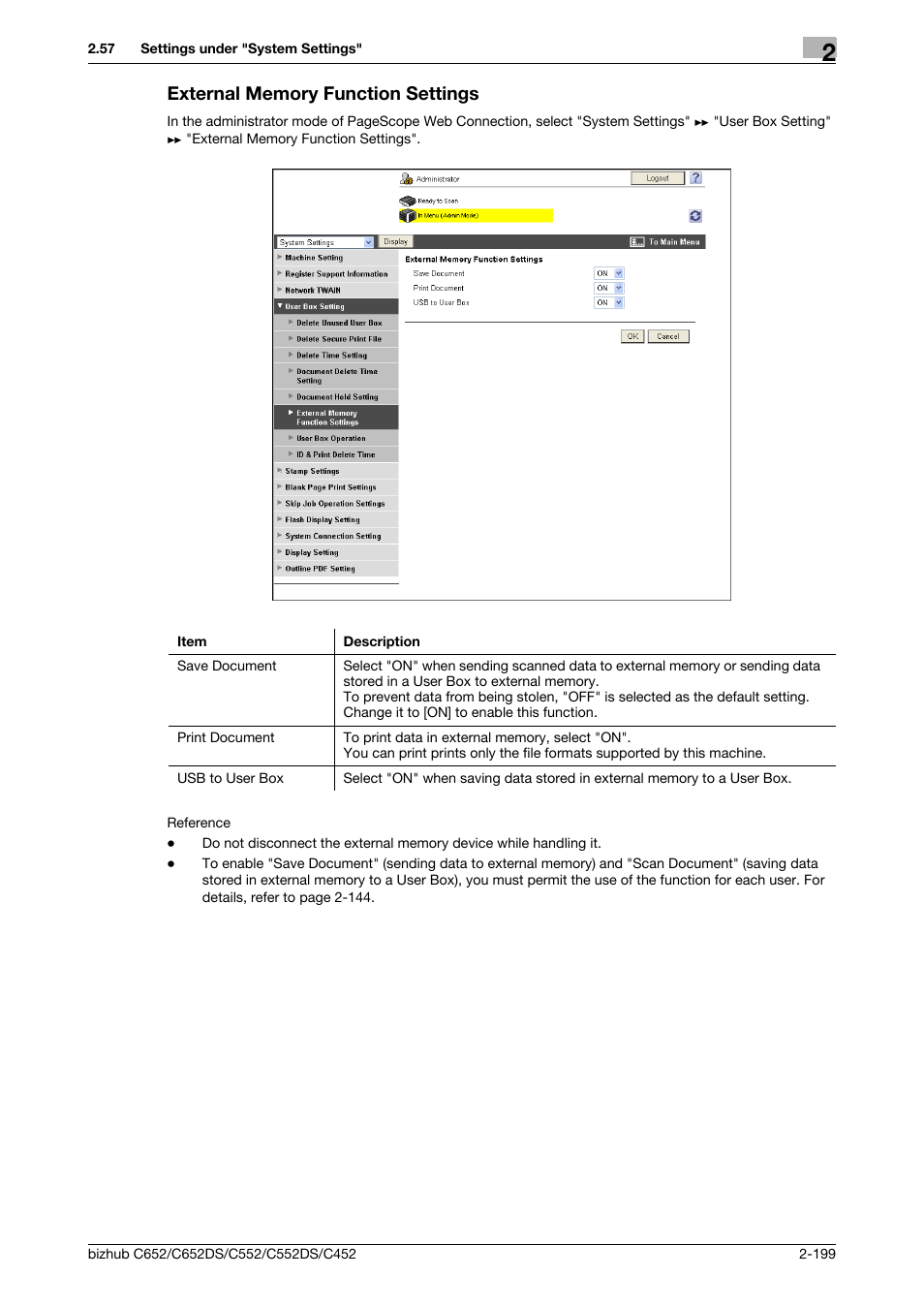 External memory function settings, External memory function settings -199 | Konica Minolta BIZHUB C652DS User Manual | Page 217 / 343