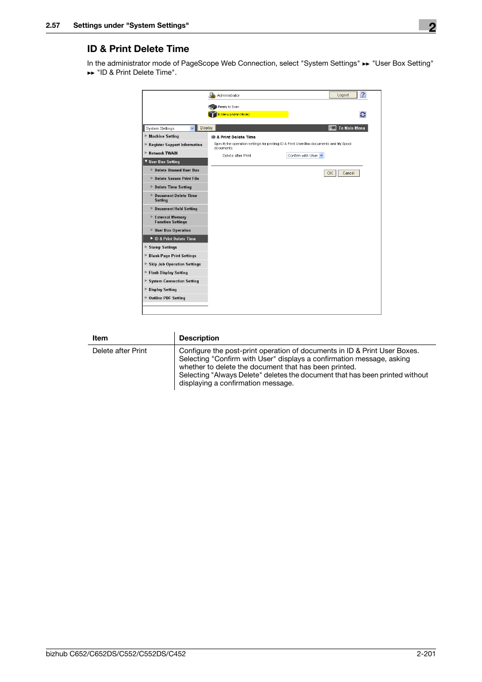 Id & print delete time, Id & print delete time -201 | Konica Minolta BIZHUB C652DS User Manual | Page 219 / 343