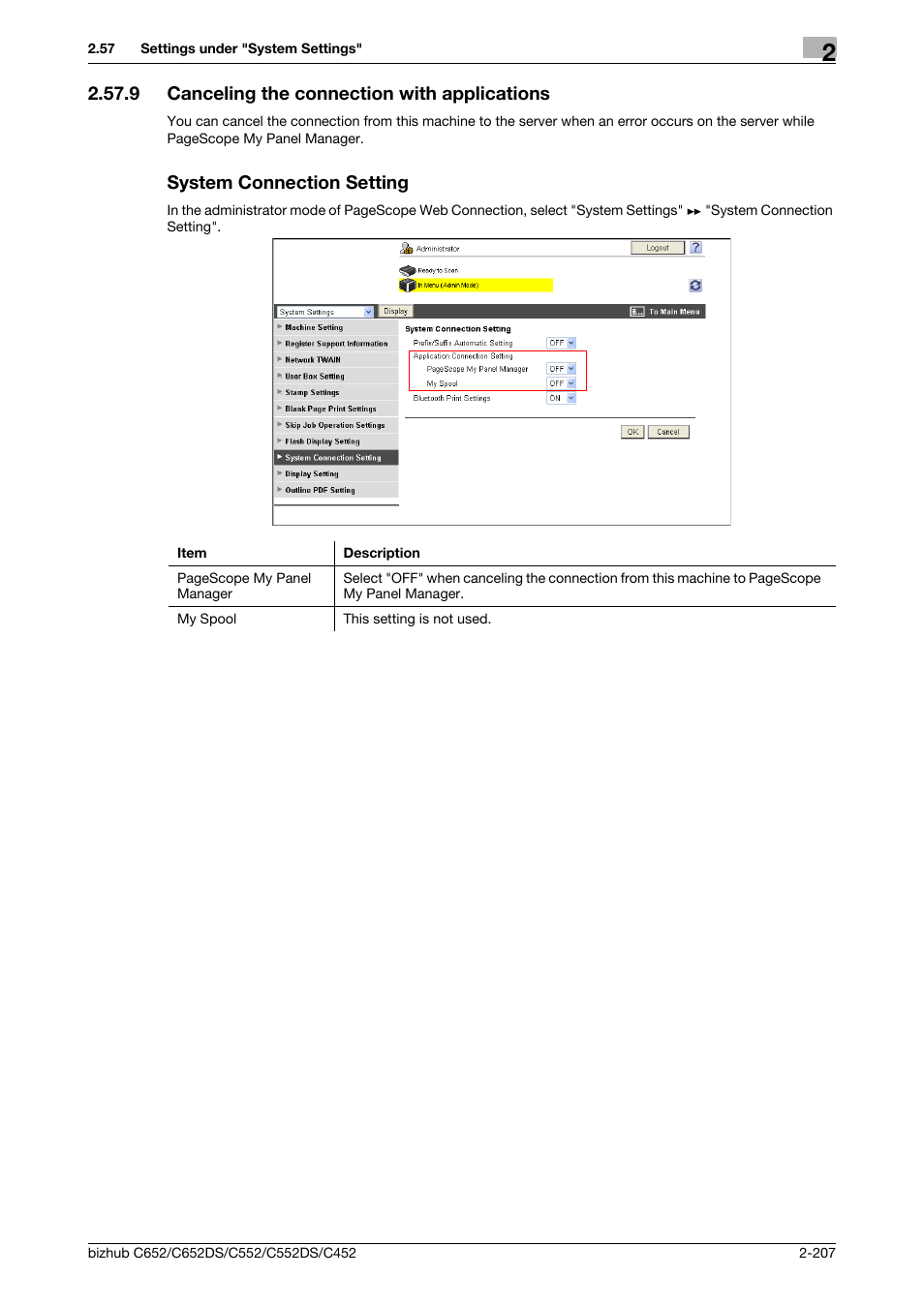 9 canceling the connection with applications, System connection setting, Canceling the connection with applications | P. 2-207 | Konica Minolta BIZHUB C652DS User Manual | Page 225 / 343