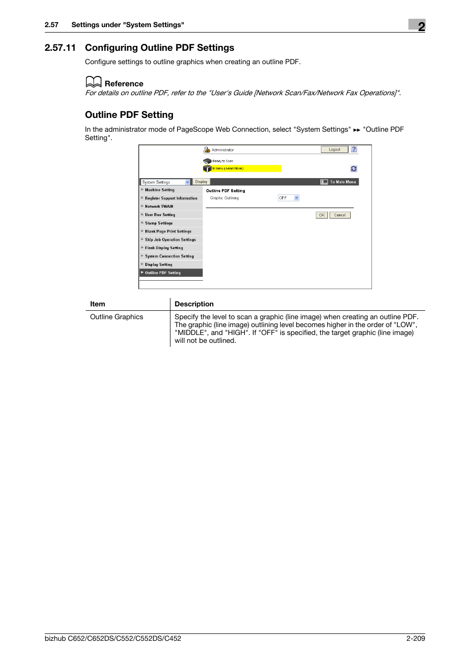 11 configuring outline pdf settings, Outline pdf setting, Configuring outline pdf settings | P. 2-209 | Konica Minolta BIZHUB C652DS User Manual | Page 227 / 343
