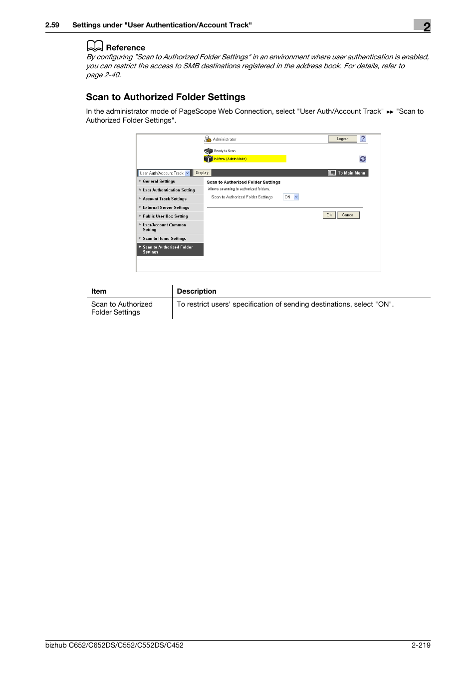 Scan to authorized folder settings, Scan to authorized folder settings -219 | Konica Minolta BIZHUB C652DS User Manual | Page 237 / 343