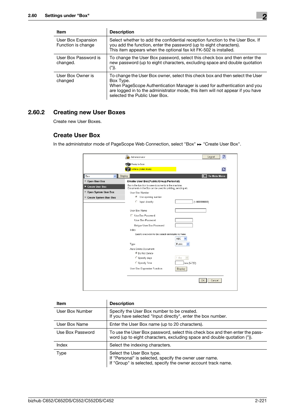 2 creating new user boxes, Create user box, Creating new user boxes -221 create user box -221 | Creating new user boxes, P. 2-221 | Konica Minolta BIZHUB C652DS User Manual | Page 239 / 343