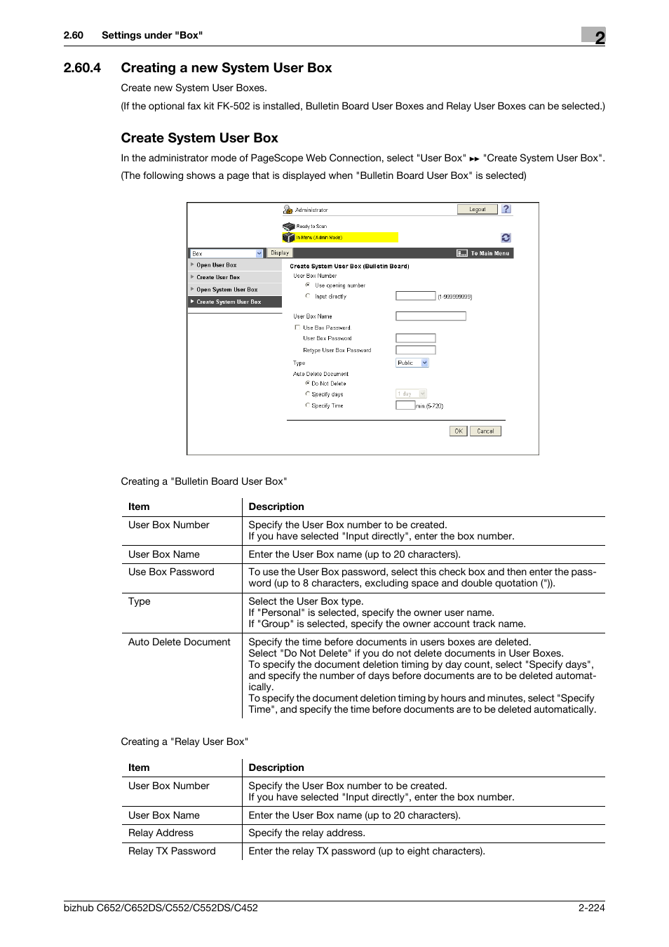 4 creating a new system user box, Create system user box, Creating a new system user box | P. 2-224 | Konica Minolta BIZHUB C652DS User Manual | Page 242 / 343