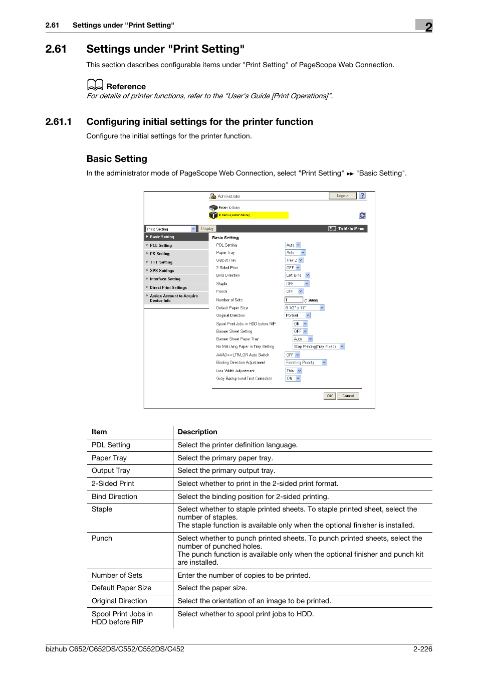 61 settings under "print setting, Basic setting, Settings under "print setting" -226 | P. 2-226 | Konica Minolta BIZHUB C652DS User Manual | Page 244 / 343