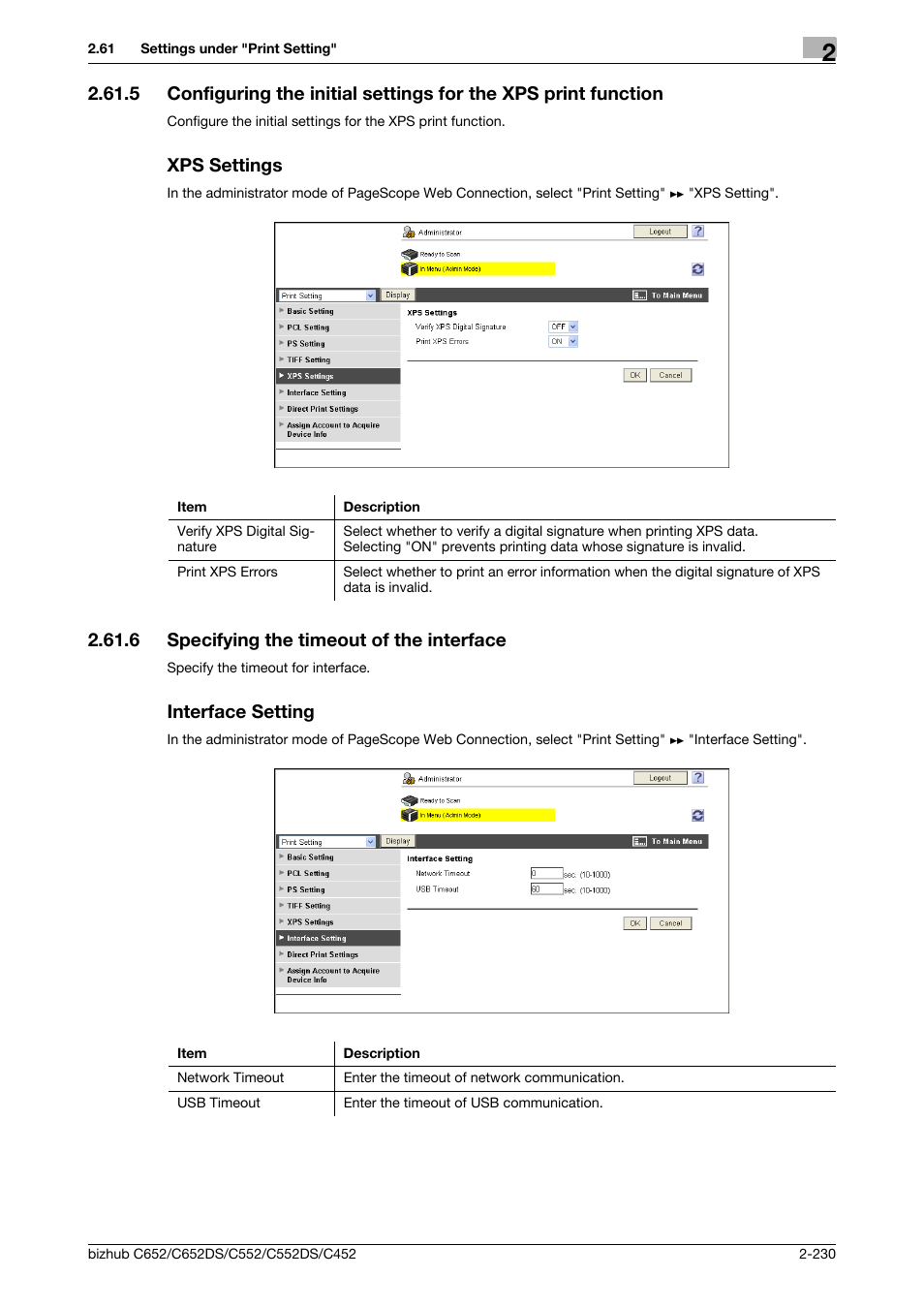 Xps settings, 6 specifying the timeout of the interface, Interface setting | P. 2-230, Specifying the timeout of the interface | Konica Minolta BIZHUB C652DS User Manual | Page 248 / 343