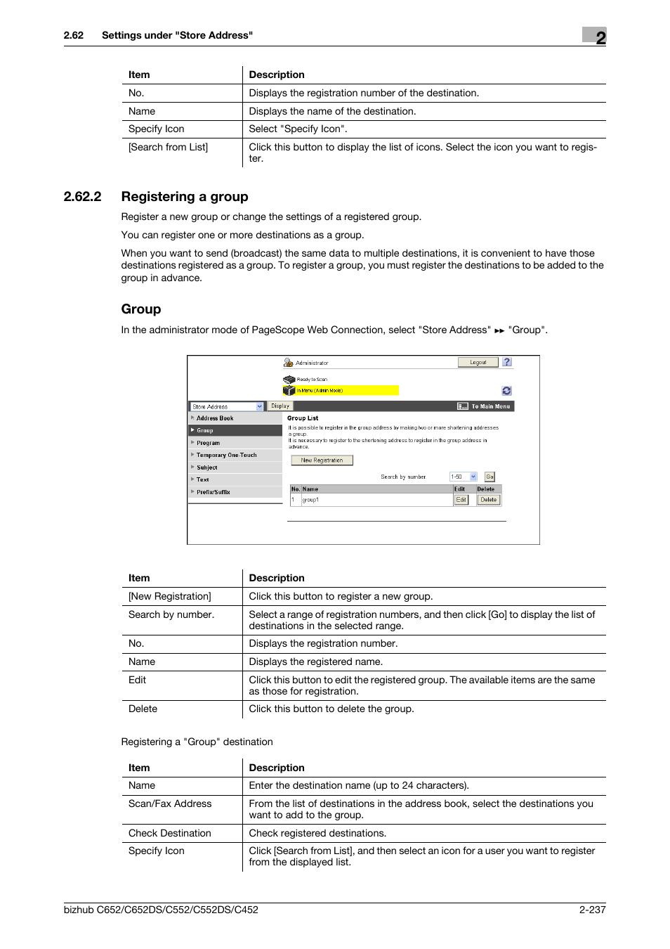 2 registering a group, Group, Registering a group -237 group -237 | Registering a group, P. 2-237 | Konica Minolta BIZHUB C652DS User Manual | Page 255 / 343