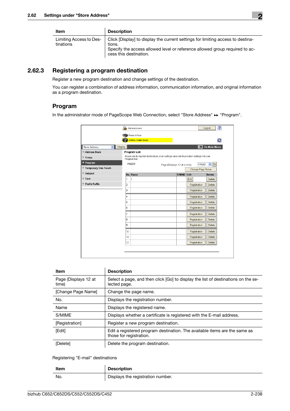 3 registering a program destination, Program, Registering a program destination | P. 2-238 | Konica Minolta BIZHUB C652DS User Manual | Page 256 / 343