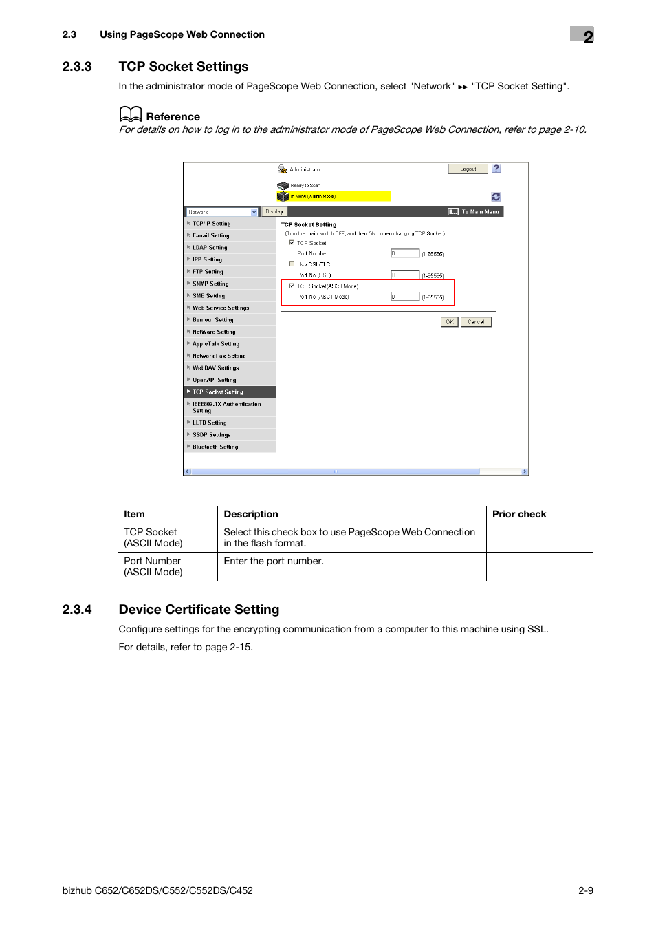 3 tcp socket settings, 4 device certificate setting, Tcp socket settings -9 | Device certificate setting -9, Tcp socket settings, Device certificate setting | Konica Minolta BIZHUB C652DS User Manual | Page 27 / 343
