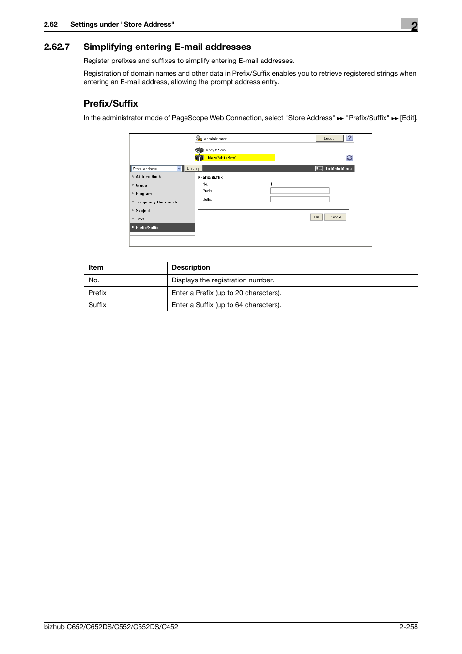 7 simplifying entering e-mail addresses, Prefix/suffix, Simplifying entering e-mail addresses | P. 2-258 | Konica Minolta BIZHUB C652DS User Manual | Page 276 / 343