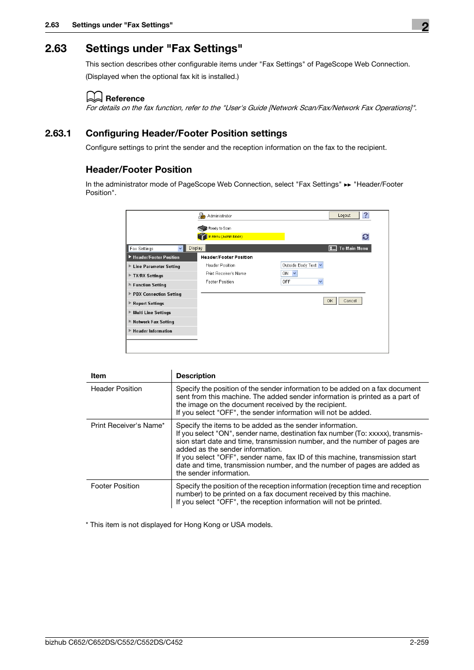 63 settings under "fax settings, 1 configuring header/footer position settings, Header/footer position | Settings under "fax settings" -259, Configuring header/footer position settings, P. 2-259 | Konica Minolta BIZHUB C652DS User Manual | Page 277 / 343