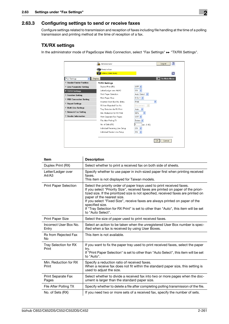 3 configuring settings to send or receive faxes, Tx/rx settings, Configuring settings to send or receive faxes | P. 2-261 | Konica Minolta BIZHUB C652DS User Manual | Page 279 / 343