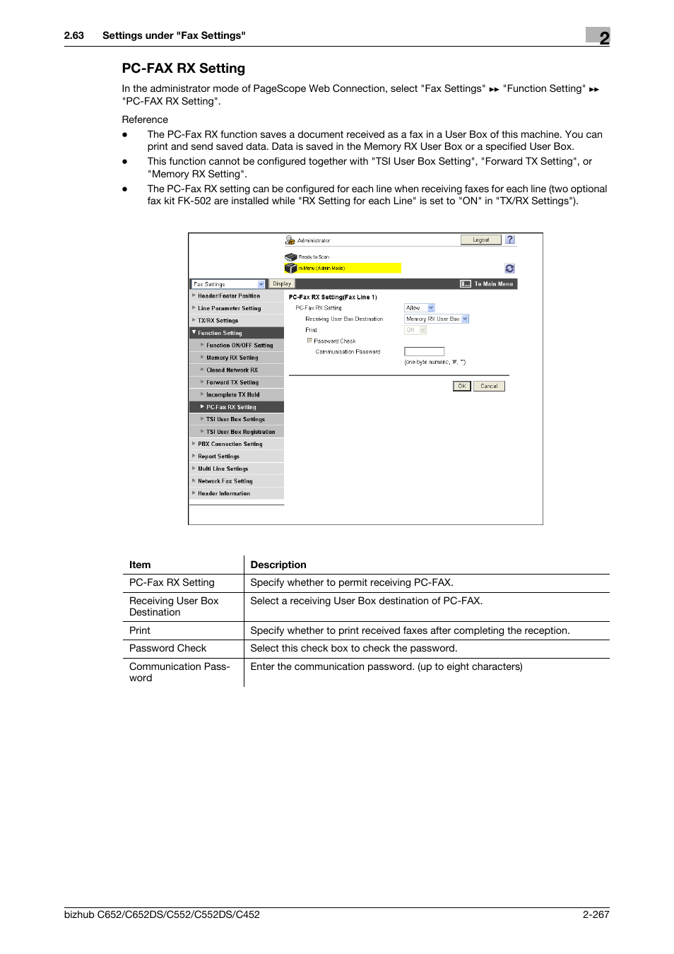 Pc-fax rx setting, Pc-fax rx setting -267 | Konica Minolta BIZHUB C652DS User Manual | Page 285 / 343