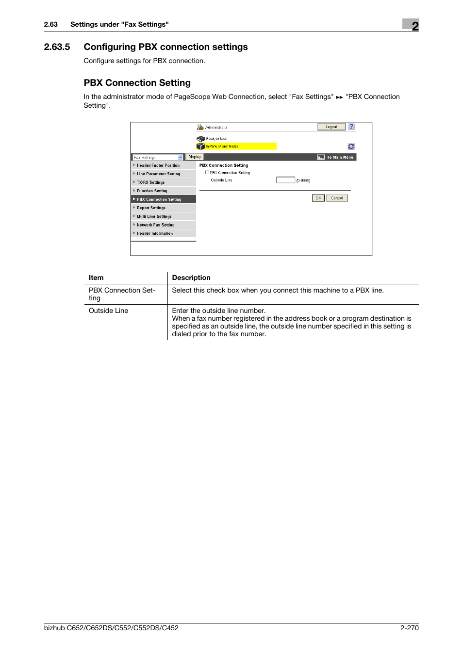 5 configuring pbx connection settings, Pbx connection setting, Configuring pbx connection settings | P. 2-270 | Konica Minolta BIZHUB C652DS User Manual | Page 288 / 343