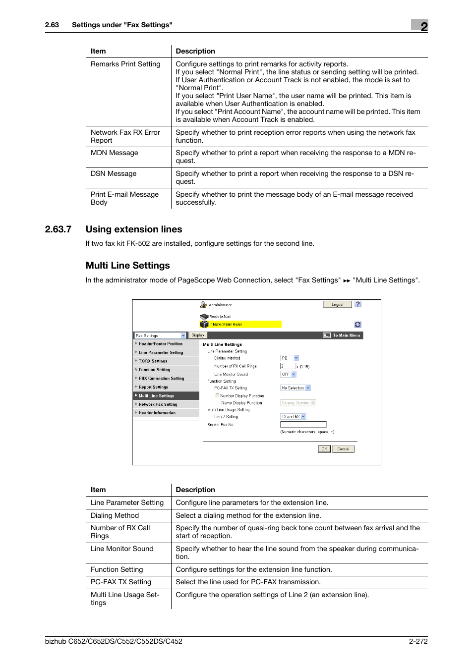 7 using extension lines, Multi line settings, Using extension lines | P. 2-272 | Konica Minolta BIZHUB C652DS User Manual | Page 290 / 343