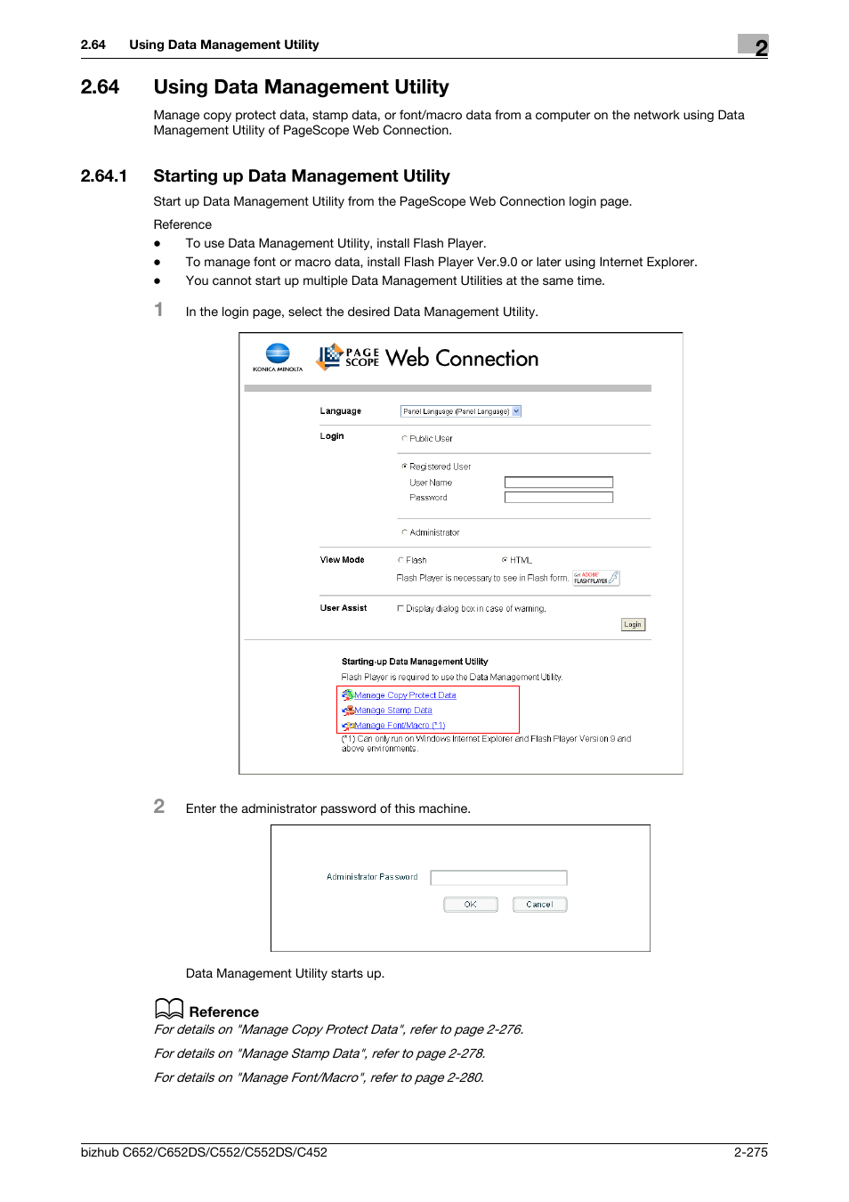 64 using data management utility, 1 starting up data management utility, Using data management utility -275 | Starting up data management utility -275, Using data management utility, P. 2-275 | Konica Minolta BIZHUB C652DS User Manual | Page 293 / 343