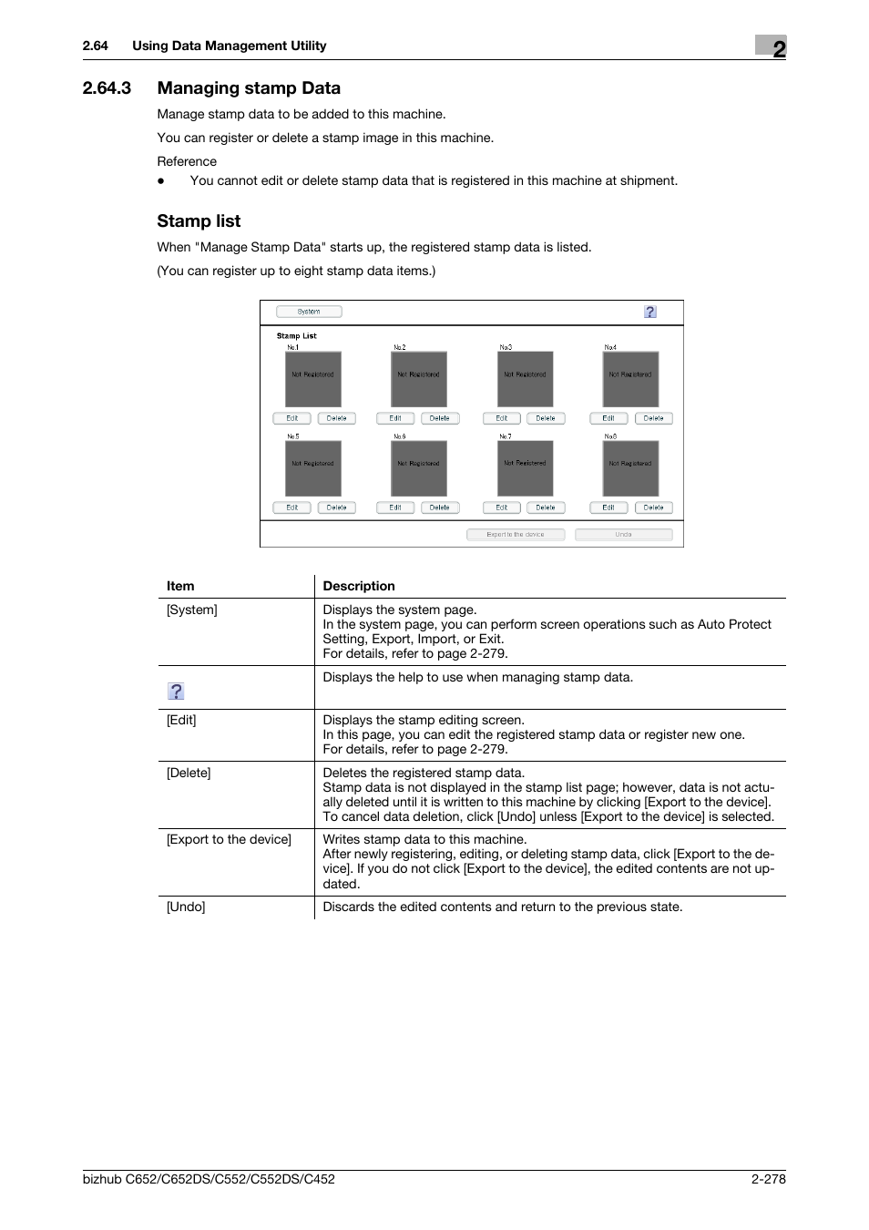 3 managing stamp data, Stamp list, Managing stamp data -278 stamp list -278 | Konica Minolta BIZHUB C652DS User Manual | Page 296 / 343