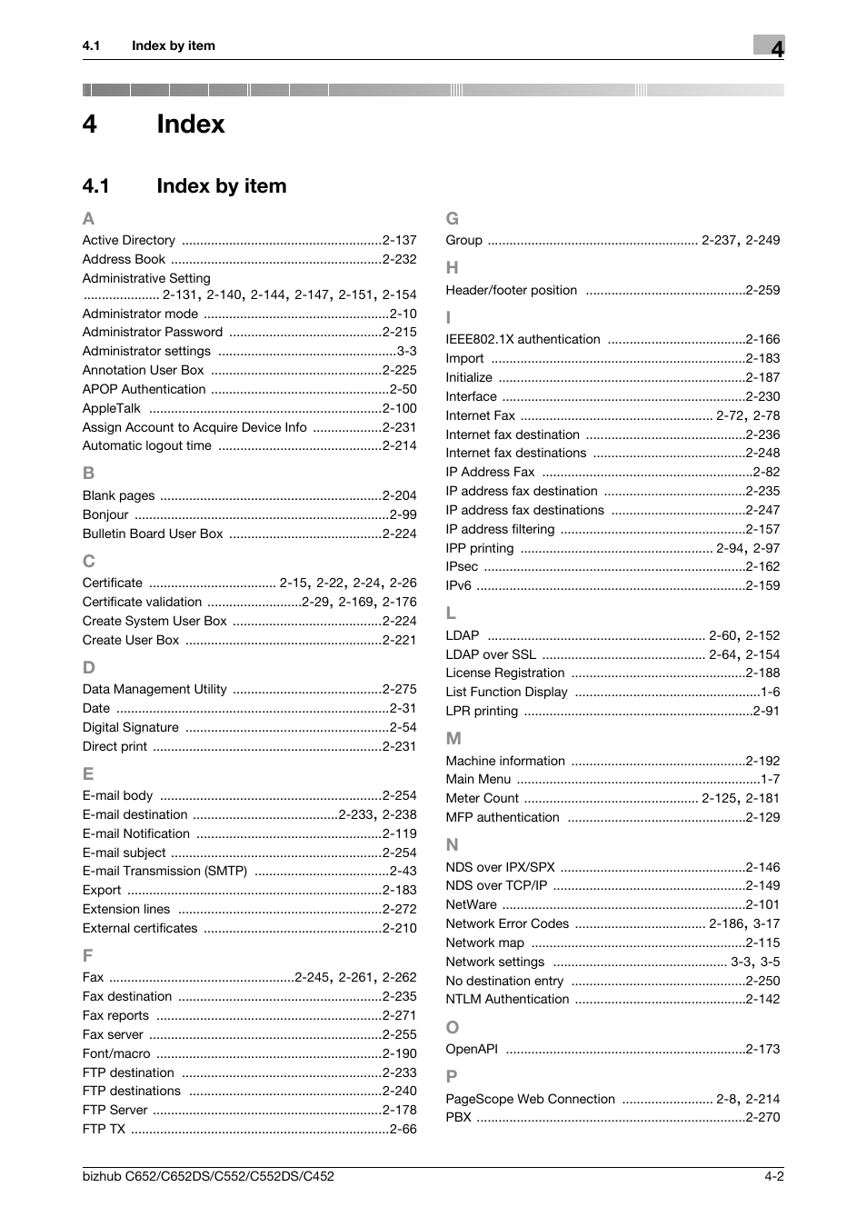 4 index, 1 index by item, A to p | Index, Index by item -2, 4index | Konica Minolta BIZHUB C652DS User Manual | Page 339 / 343