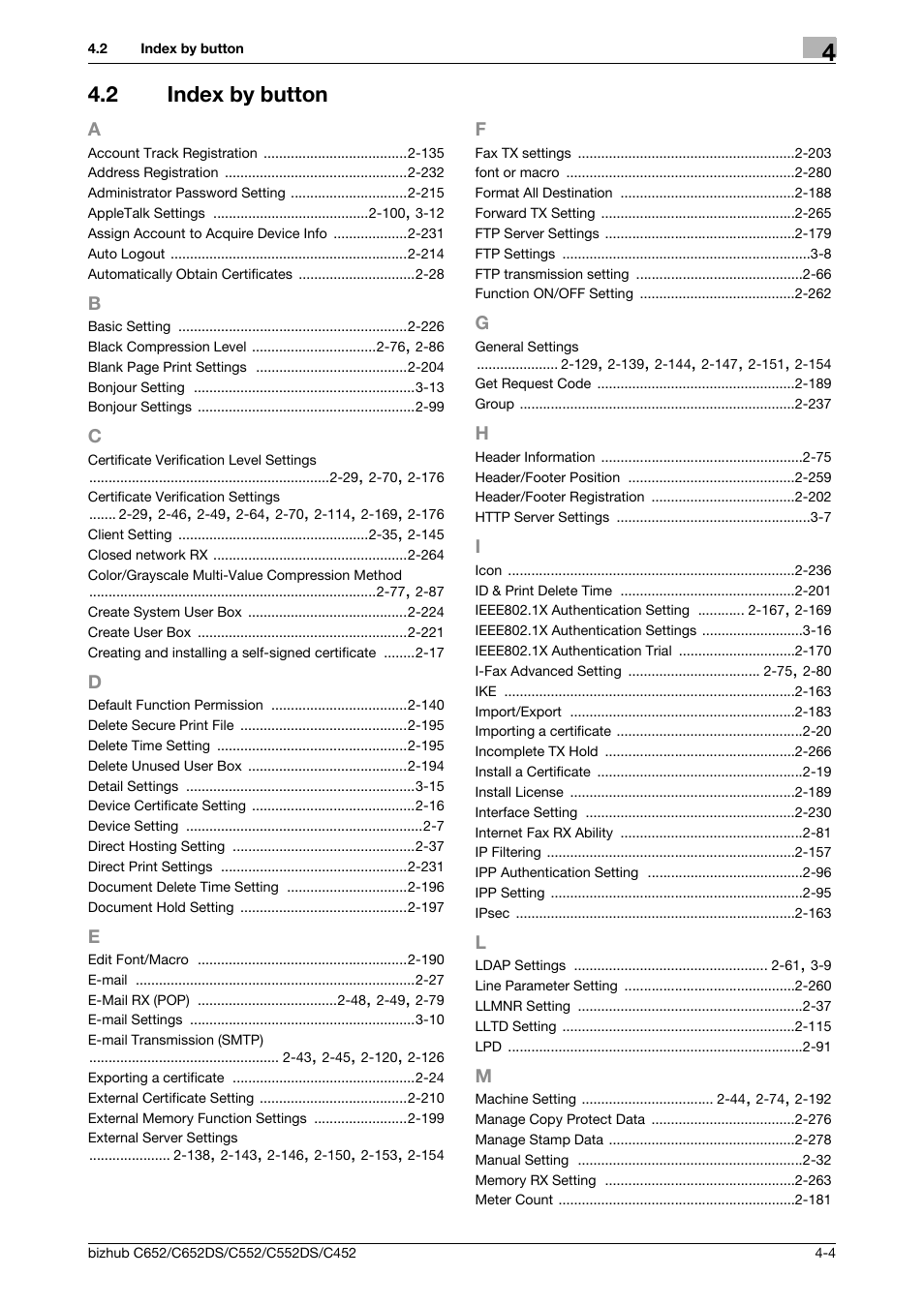 2 index by button, A to m, Index by button -4 | Konica Minolta BIZHUB C652DS User Manual | Page 341 / 343