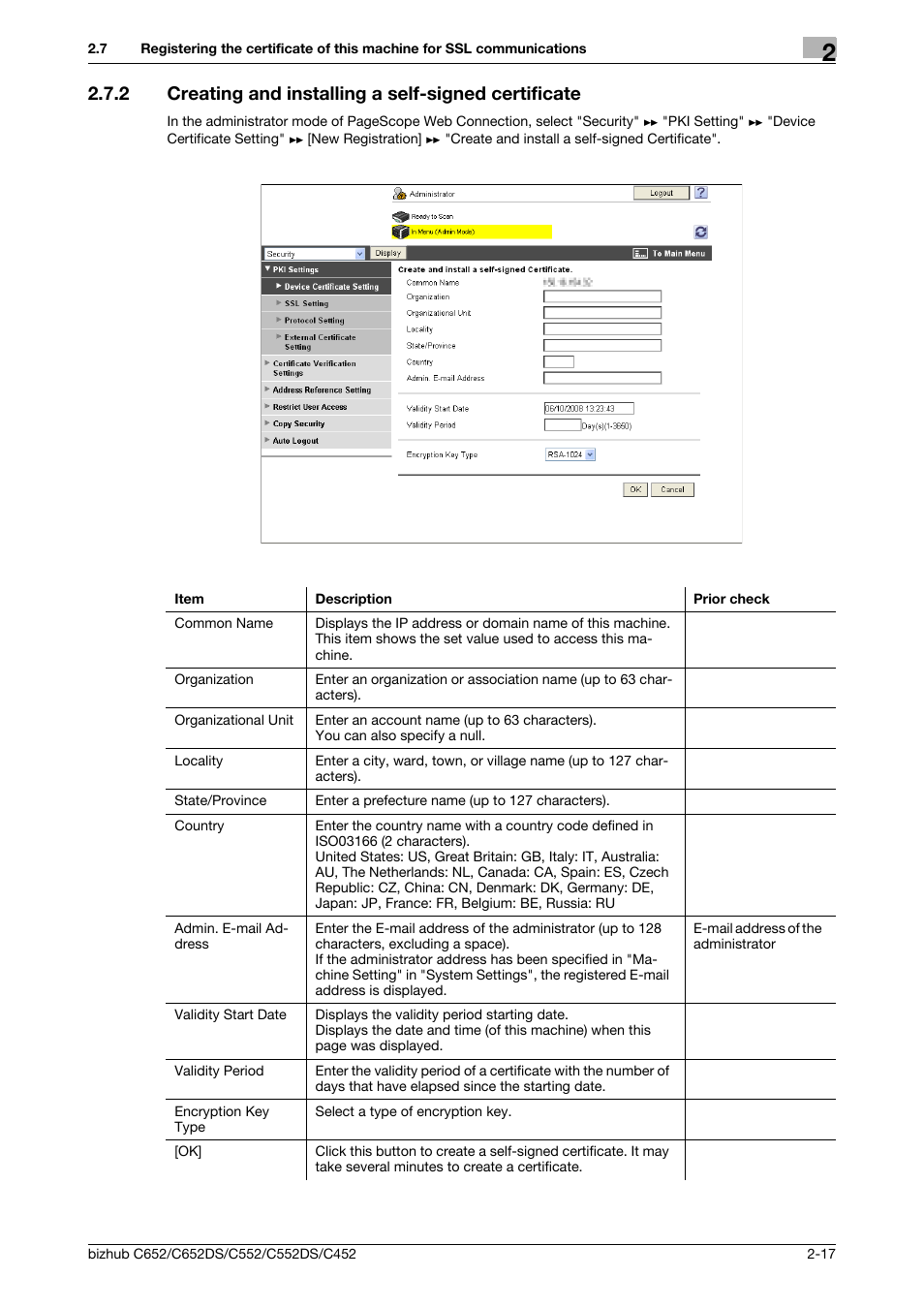 Creating and installing a, Self-signed certificate | Konica Minolta BIZHUB C652DS User Manual | Page 35 / 343