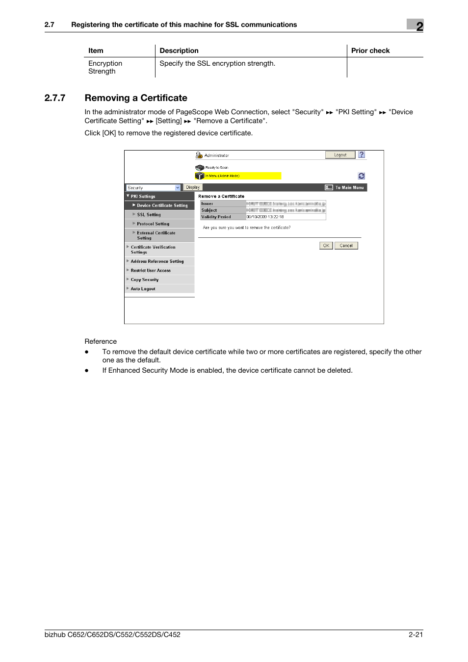7 removing a certificate, Removing a certificate -21 | Konica Minolta BIZHUB C652DS User Manual | Page 39 / 343