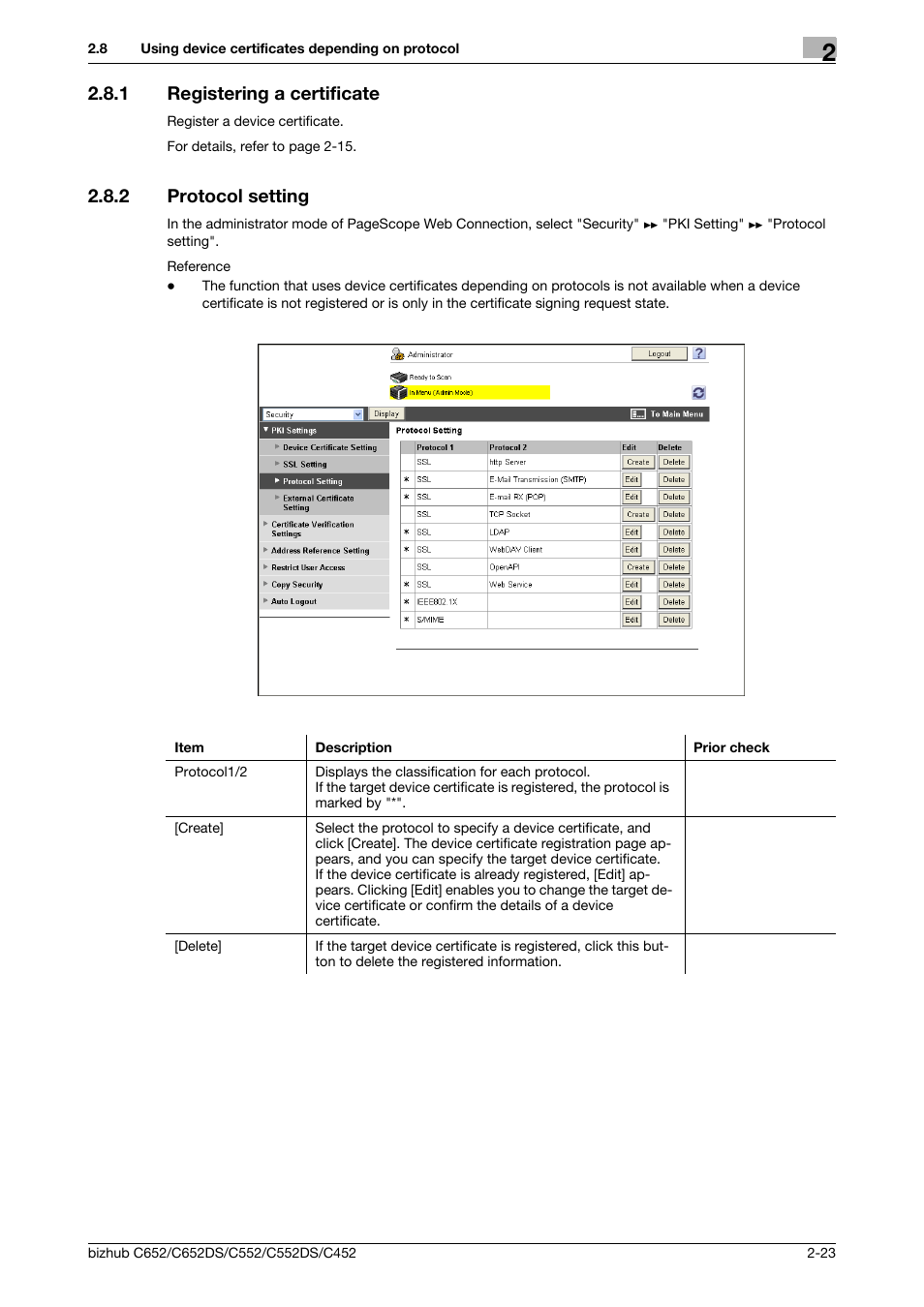 1 registering a certificate, 2 protocol setting, Registering a certificate -23 | Protocol setting -23 | Konica Minolta BIZHUB C652DS User Manual | Page 41 / 343