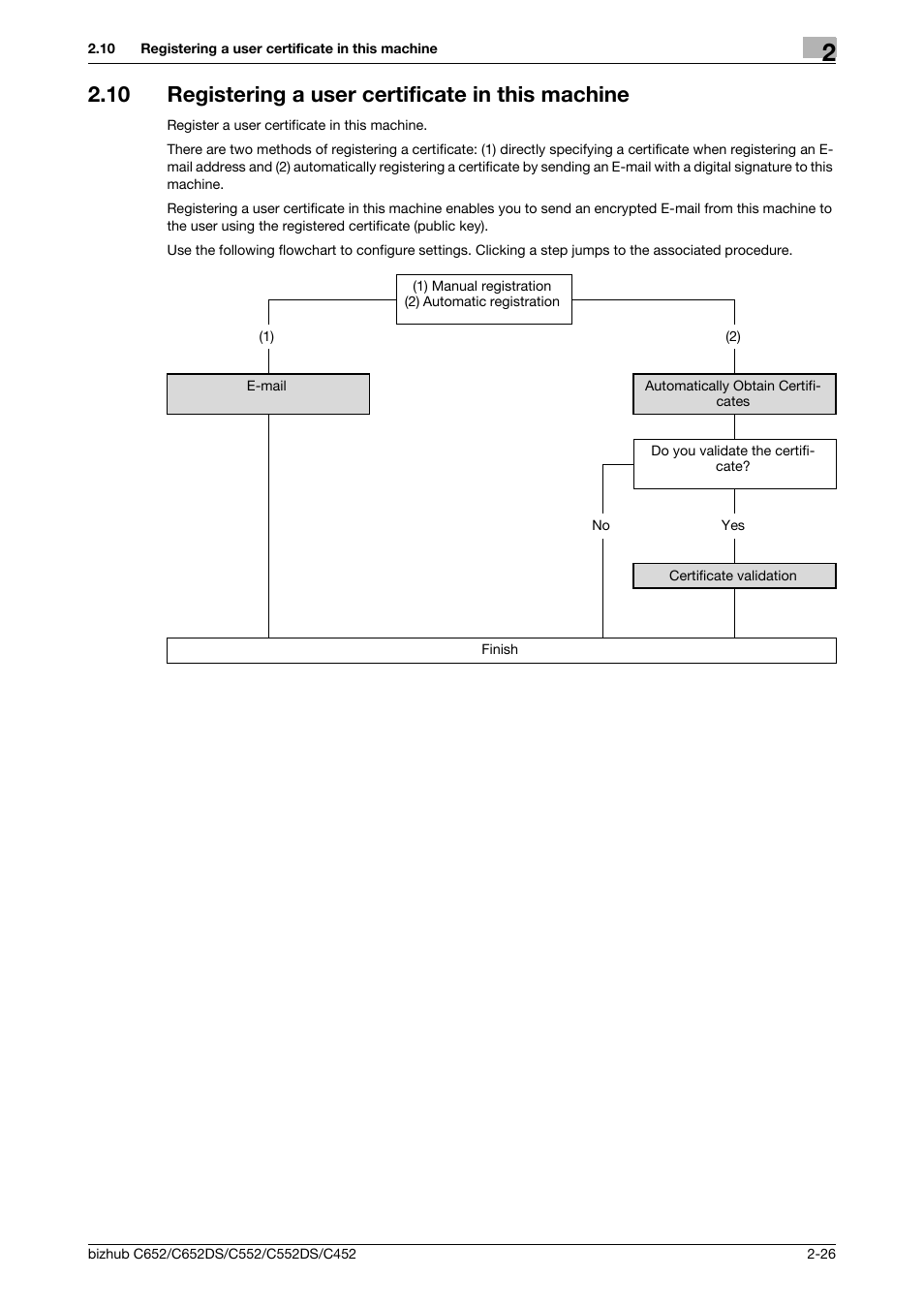 10 registering a user certificate in this machine, Registering a user certificate in this machine -26, Registering a user certificate in this machine | P. 2-26 | Konica Minolta BIZHUB C652DS User Manual | Page 44 / 343