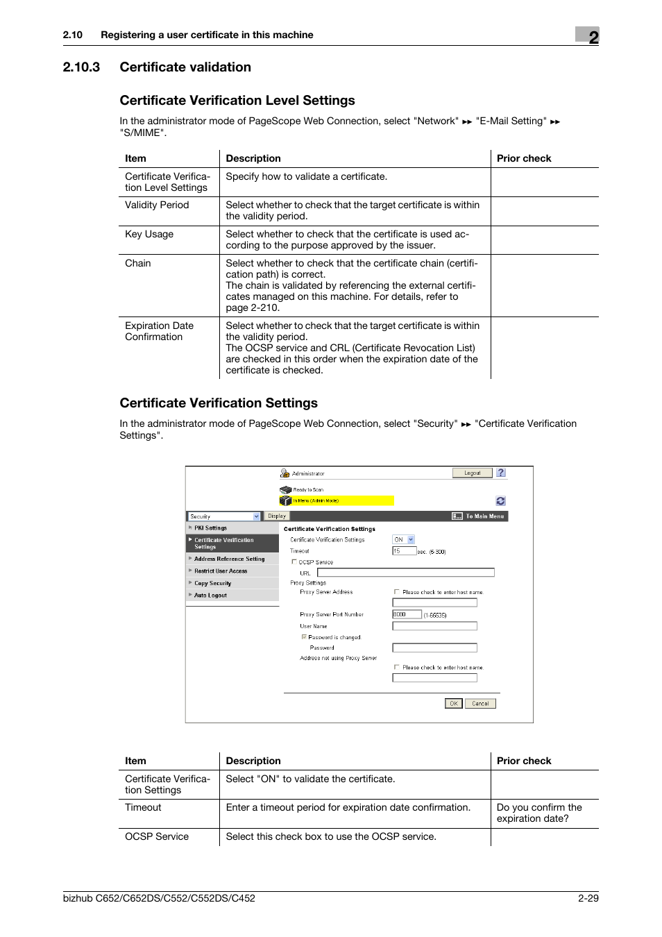 3 certificate validation, Certificate verification level settings, Certificate verification settings | Certificate validation | Konica Minolta BIZHUB C652DS User Manual | Page 47 / 343