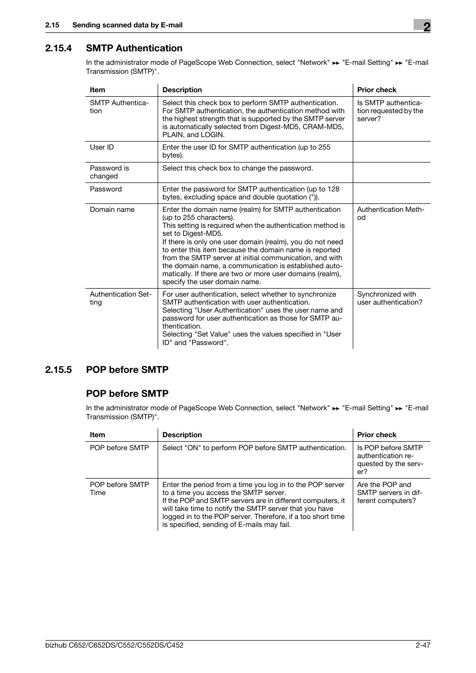 4 smtp authentication, 5 pop before smtp, Pop before smtp | Smtp authentication -47, Pop before smtp -47 pop before smtp -47, Smtp authenti, Cation, 5 pop before smtp pop before smtp | Konica Minolta BIZHUB C652DS User Manual | Page 65 / 343