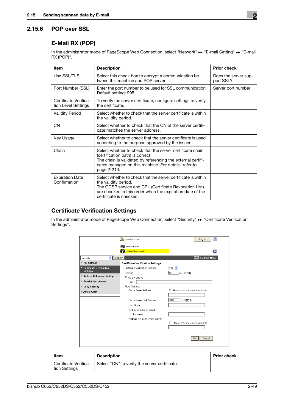 6 pop over ssl, E-mail rx (pop), Certificate verification settings | Pop over ssl -49 e-mail rx (pop) -49, Certificate verification settings -49, Pop over ssl, 6 pop over ssl e-mail rx (pop) | Konica Minolta BIZHUB C652DS User Manual | Page 67 / 343