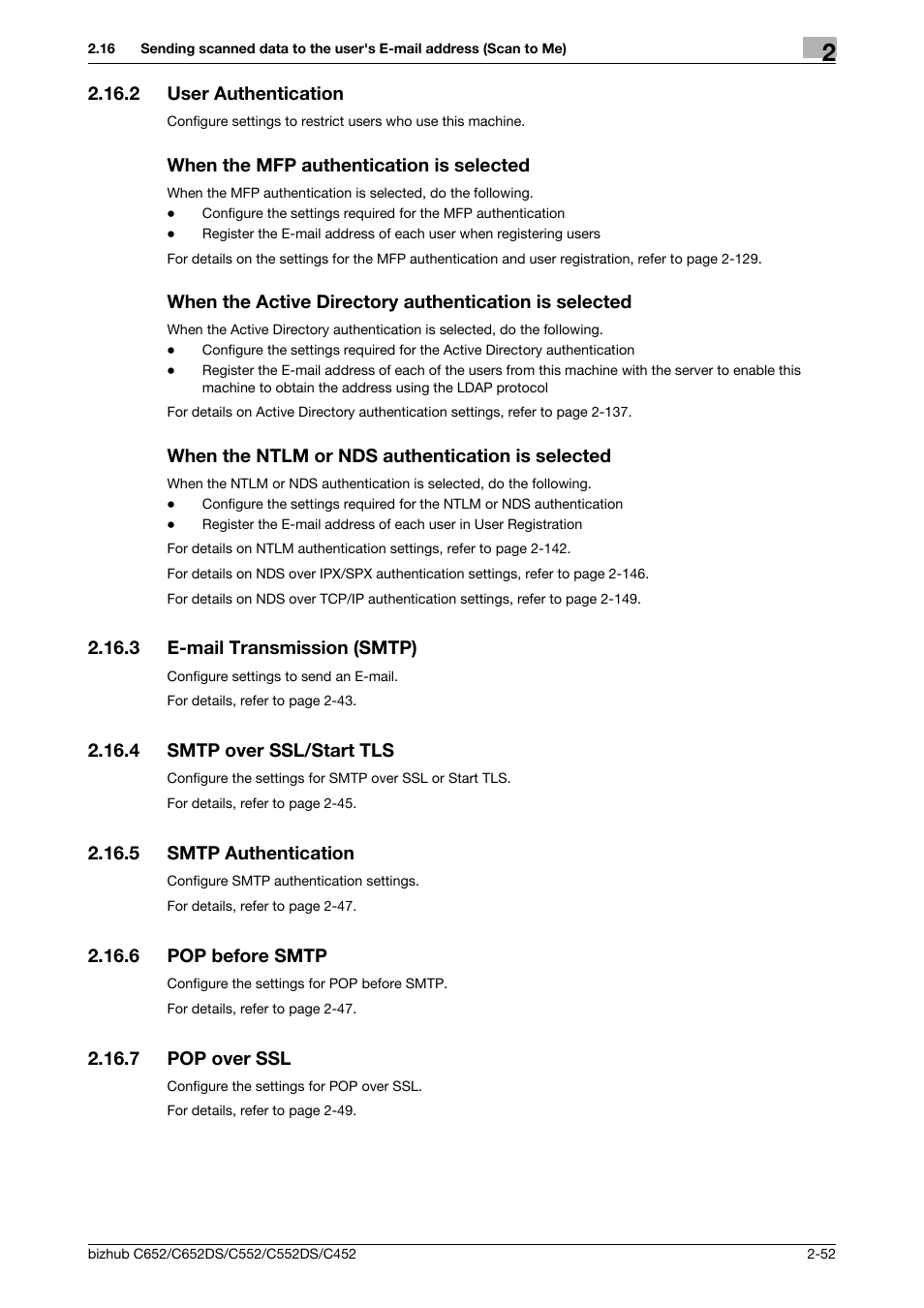 2 user authentication, When the mfp authentication is selected, When the ntlm or nds authentication is selected | 3 e-mail transmission (smtp), 4 smtp over ssl/start tls, 5 smtp authentication, 6 pop before smtp, 7 pop over ssl, E-mail transmission (smtp) -52, Smtp over ssl/start tls -52 | Konica Minolta BIZHUB C652DS User Manual | Page 70 / 343