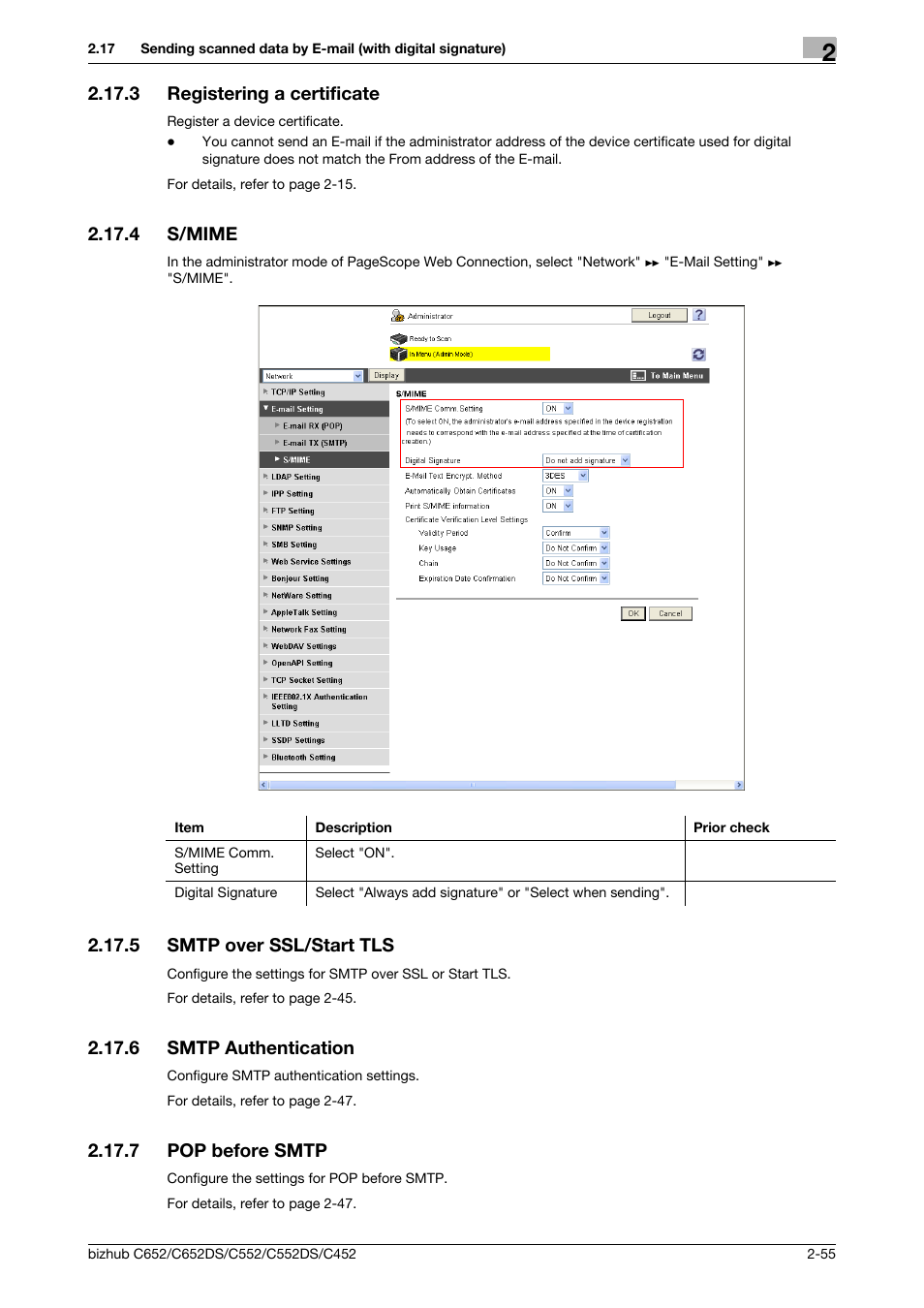 3 registering a certificate, 4 s/mime, 5 smtp over ssl/start tls | 6 smtp authentication, 7 pop before smtp, Registering a certificate -55, S/mime -55, Smtp over ssl/start tls -55, Smtp authentication -55, Pop before smtp -55 | Konica Minolta BIZHUB C652DS User Manual | Page 73 / 343