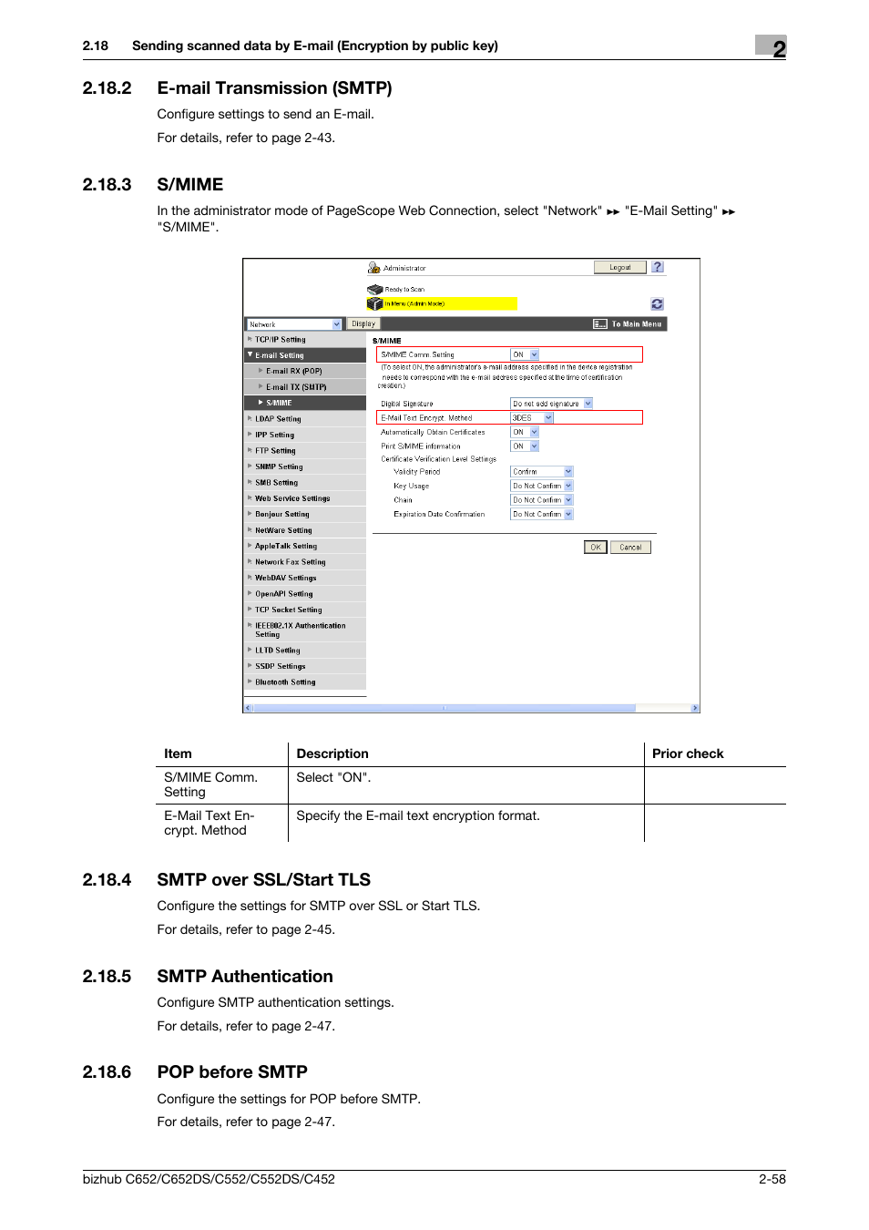 2 e-mail transmission (smtp), 3 s/mime, 4 smtp over ssl/start tls | 5 smtp authentication, 6 pop before smtp, E-mail transmission (smtp) -58, S/mime -58, Smtp over ssl/start tls -58, Smtp authentication -58, Pop before smtp -58 | Konica Minolta BIZHUB C652DS User Manual | Page 76 / 343