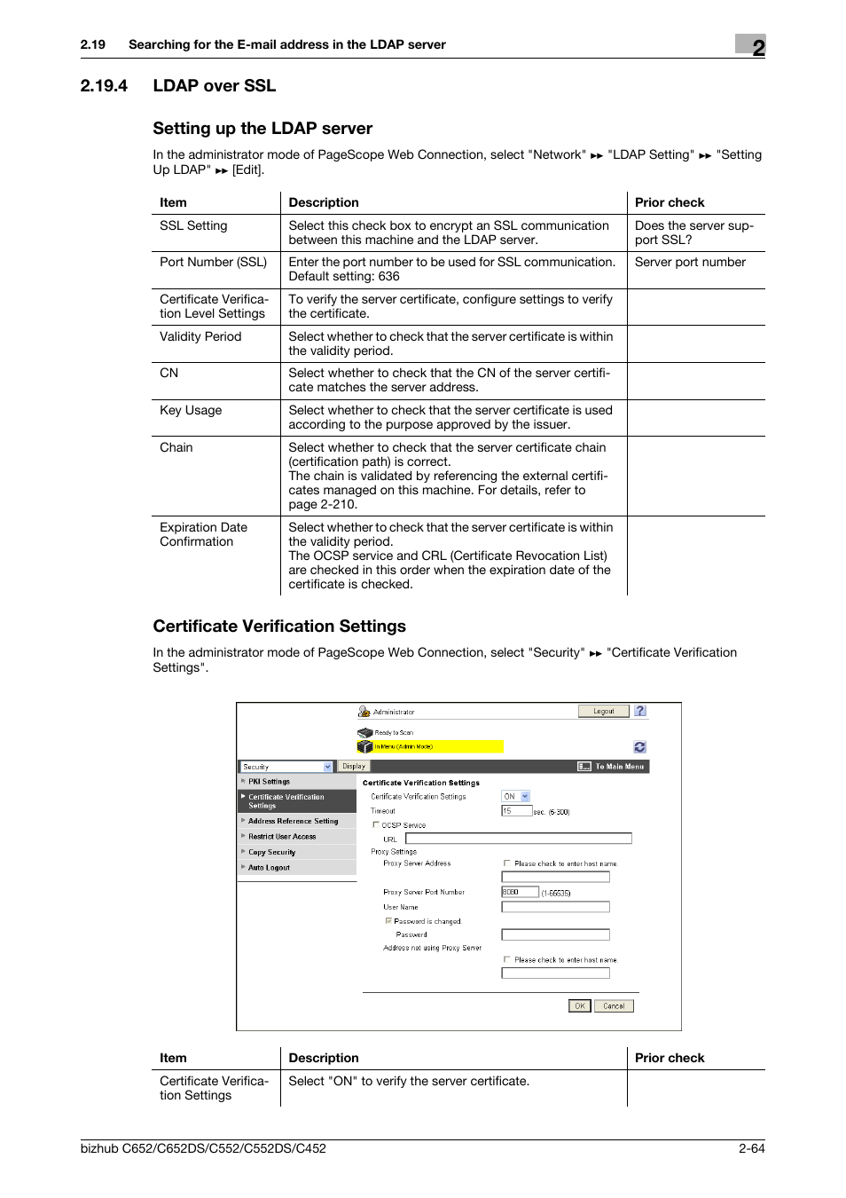 4 ldap over ssl, Setting up the ldap server, Certificate verification settings | Ldap over ssl, 4 ldap over ssl setting up the ldap server | Konica Minolta BIZHUB C652DS User Manual | Page 82 / 343