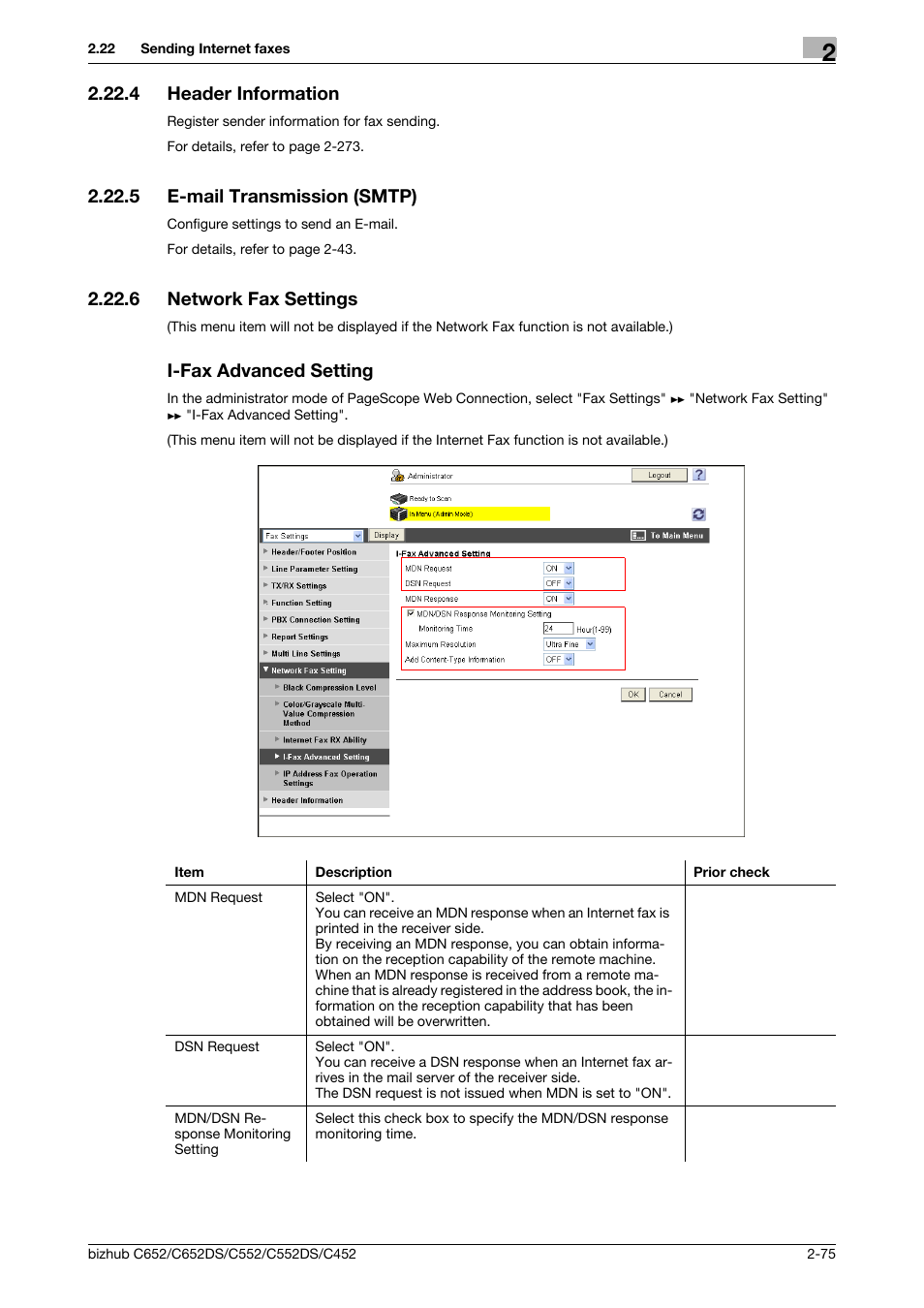 4 header information, 5 e-mail transmission (smtp), 6 network fax settings | I-fax advanced setting, Header information -75, E-mail transmission (smtp) -75, Header information, E-mail transmis, Sion (smtp), Network fax set | Konica Minolta BIZHUB C652DS User Manual | Page 93 / 343