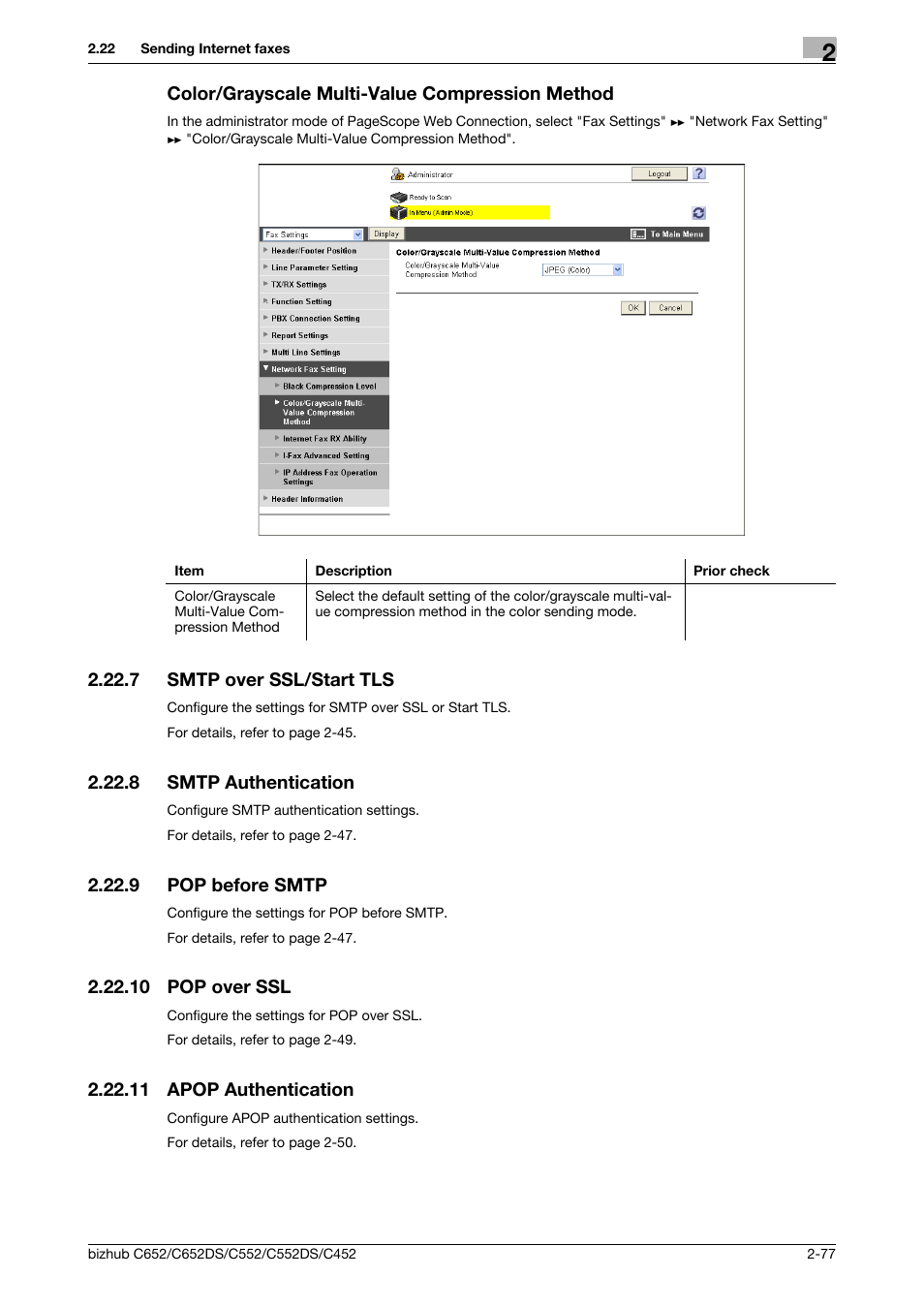 Color/grayscale multi-value compression method, 7 smtp over ssl/start tls, 8 smtp authentication | 9 pop before smtp, 10 pop over ssl, 11 apop authentication, Color/grayscale multi-value compression method -77, Smtp over ssl/start tls -77, Smtp authentication -77, Pop before smtp -77 | Konica Minolta BIZHUB C652DS User Manual | Page 95 / 343