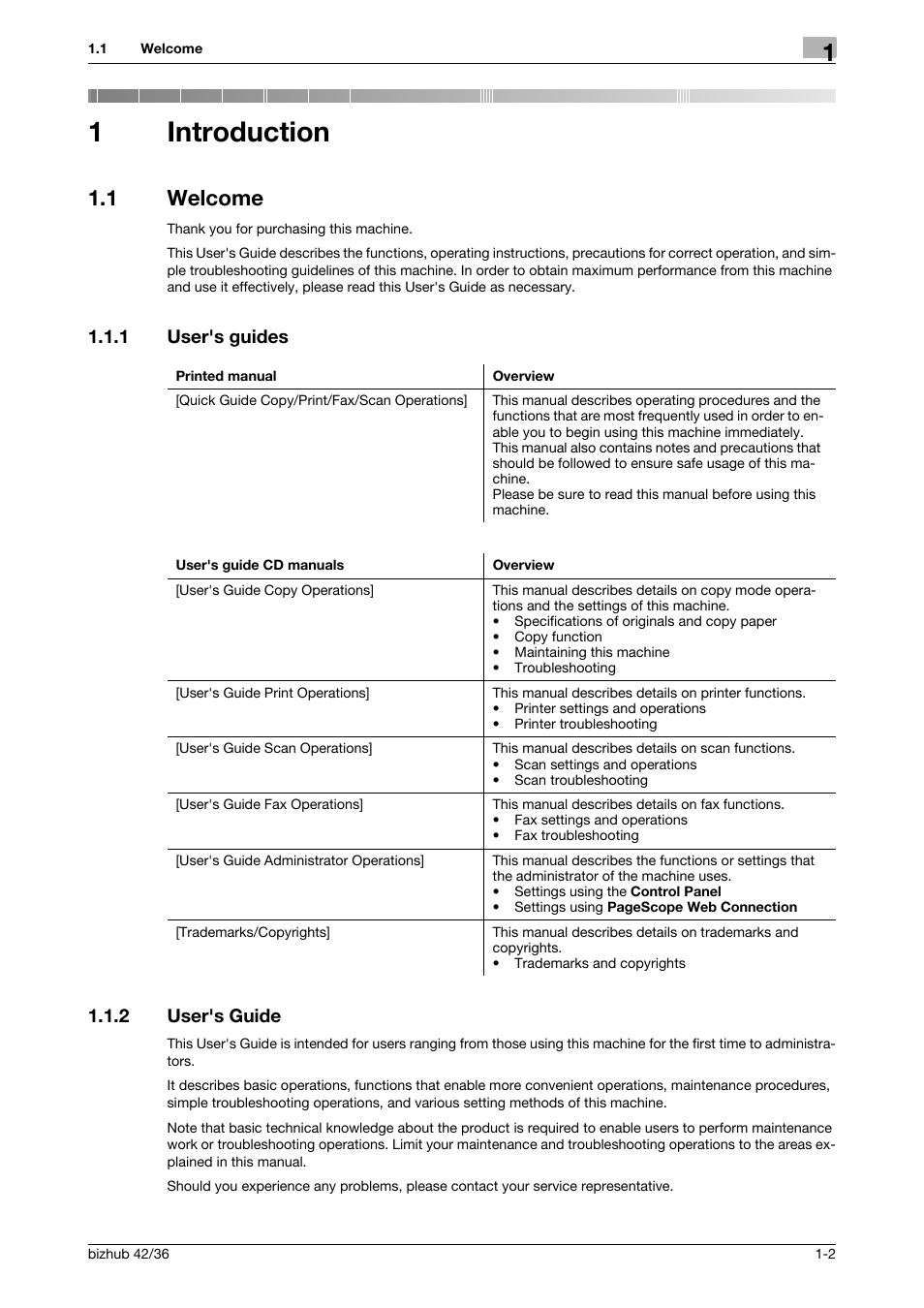 1 introduction, 1 welcome, 1 user's guides | 2 user's guide, Introduction, Welcome -2, User's guides -2, User's guide -2, 1introduction, 1 user's guides 1.1.2 user's guide | Konica Minolta bizhub 42 User Manual | Page 10 / 284