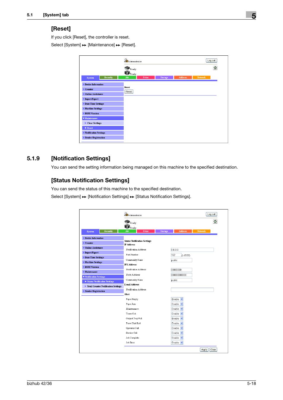 Reset, 9 [notification settings, Status notification settings | Reset] -18 | Konica Minolta bizhub 42 User Manual | Page 106 / 284