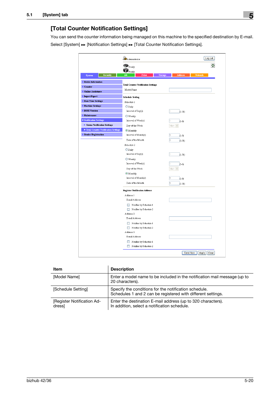 Total counter notification settings, Total counter notification settings] -20 | Konica Minolta bizhub 42 User Manual | Page 108 / 284