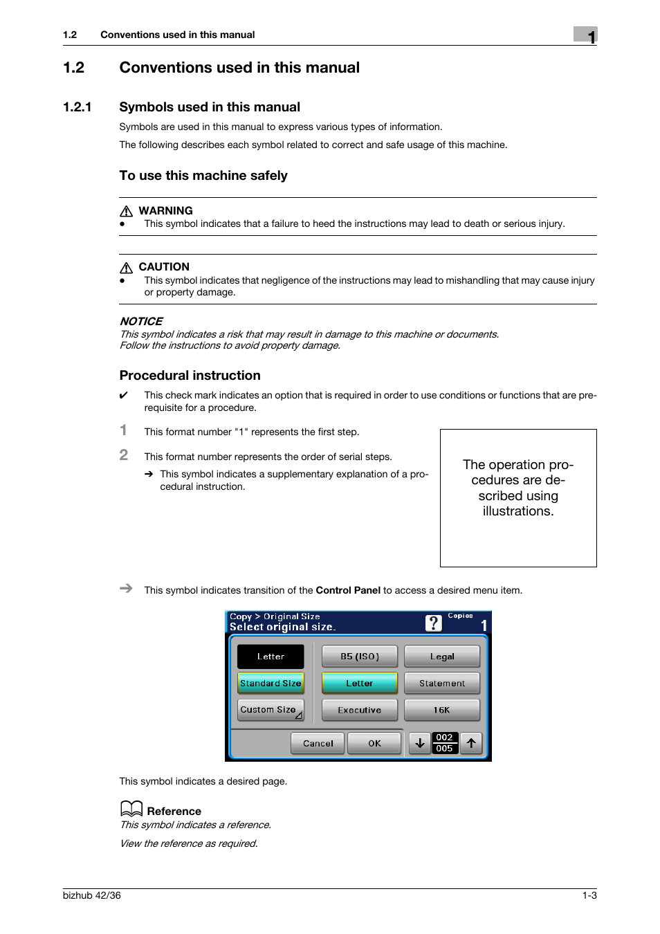 2 conventions used in this manual, 1 symbols used in this manual, To use this machine safely | Procedural instruction, Conventions used in this manual -3 | Konica Minolta bizhub 42 User Manual | Page 11 / 284