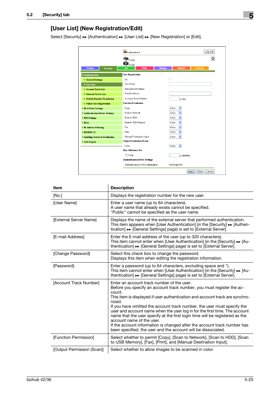 User list] (new registration/edit), User list] (new registration/edit) -25 | Konica Minolta bizhub 42 User Manual | Page 113 / 284