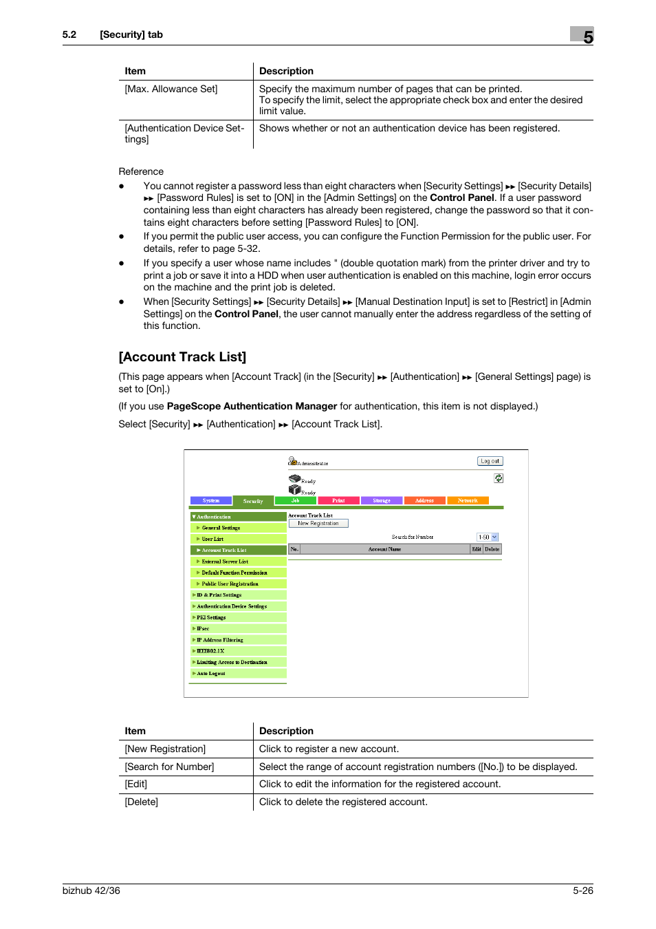 Account track list, Account track list] -26 | Konica Minolta bizhub 42 User Manual | Page 114 / 284