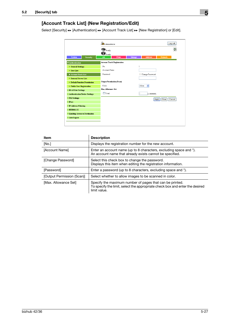 Account track list] (new registration/edit), Account track list] (new registration/edit) -27 | Konica Minolta bizhub 42 User Manual | Page 115 / 284