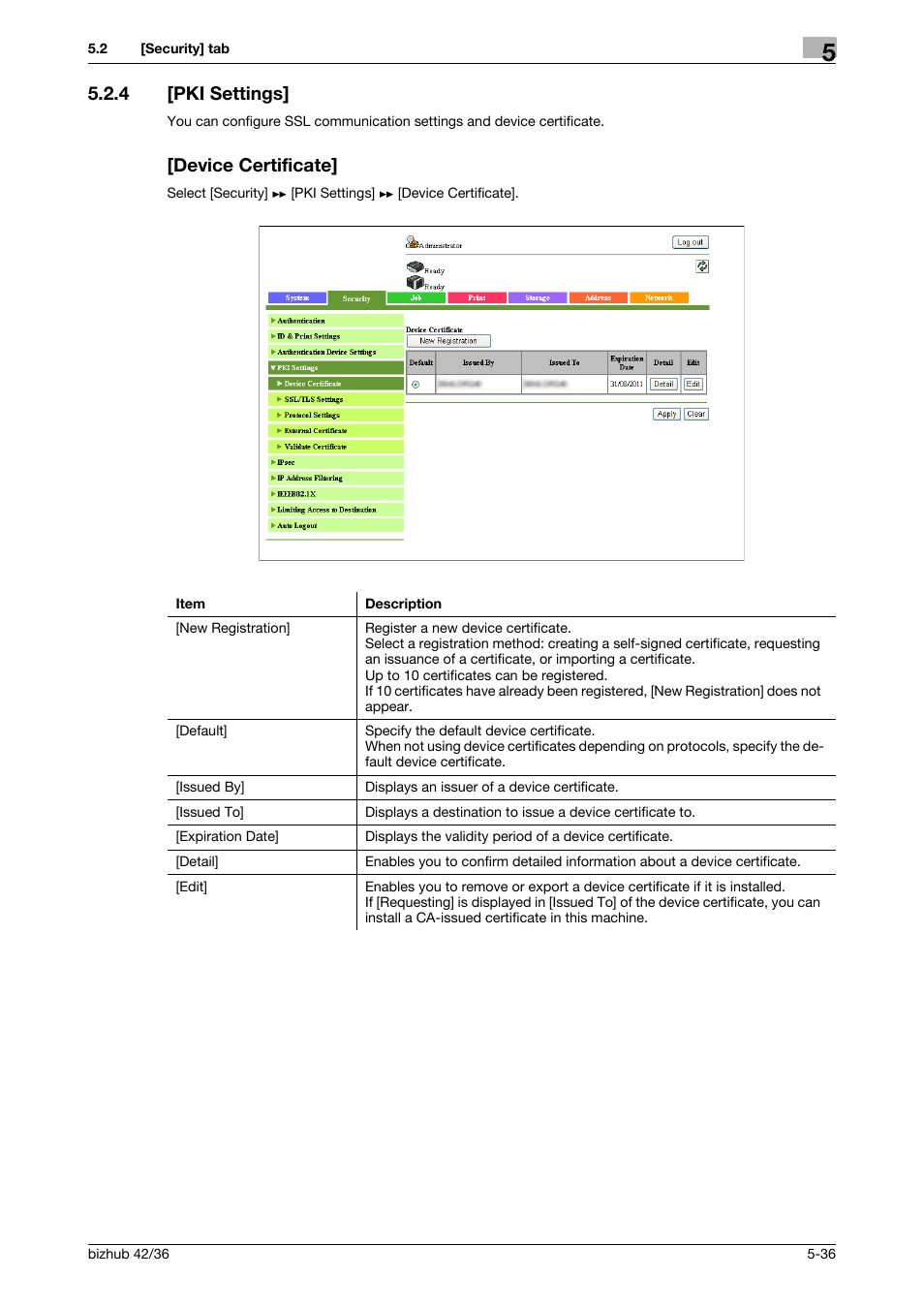 4 [pki settings, Device certificate, Pki settings] -36 [device certificate] -36 | Konica Minolta bizhub 42 User Manual | Page 124 / 284