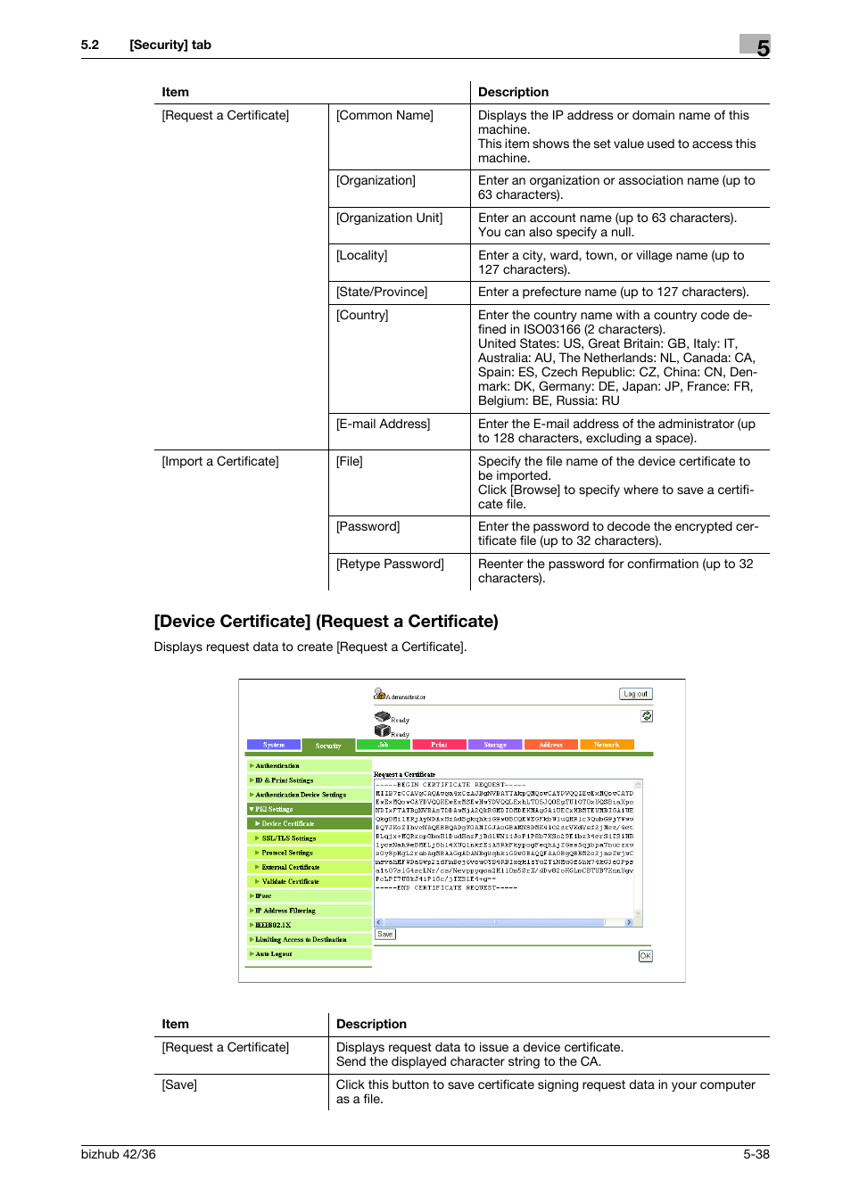 Device certificate] (request a certificate), Device certificate] (request a certificate) -38 | Konica Minolta bizhub 42 User Manual | Page 126 / 284