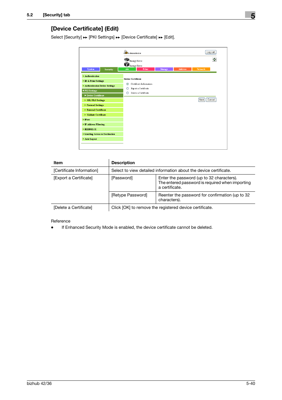 Device certificate] (edit), Device certificate] (edit) -40 | Konica Minolta bizhub 42 User Manual | Page 128 / 284