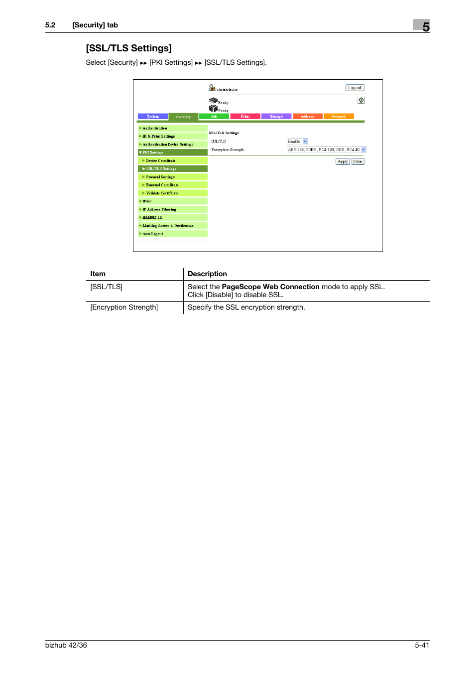 Ssl/tls settings, Ssl/tls settings] -41 | Konica Minolta bizhub 42 User Manual | Page 129 / 284