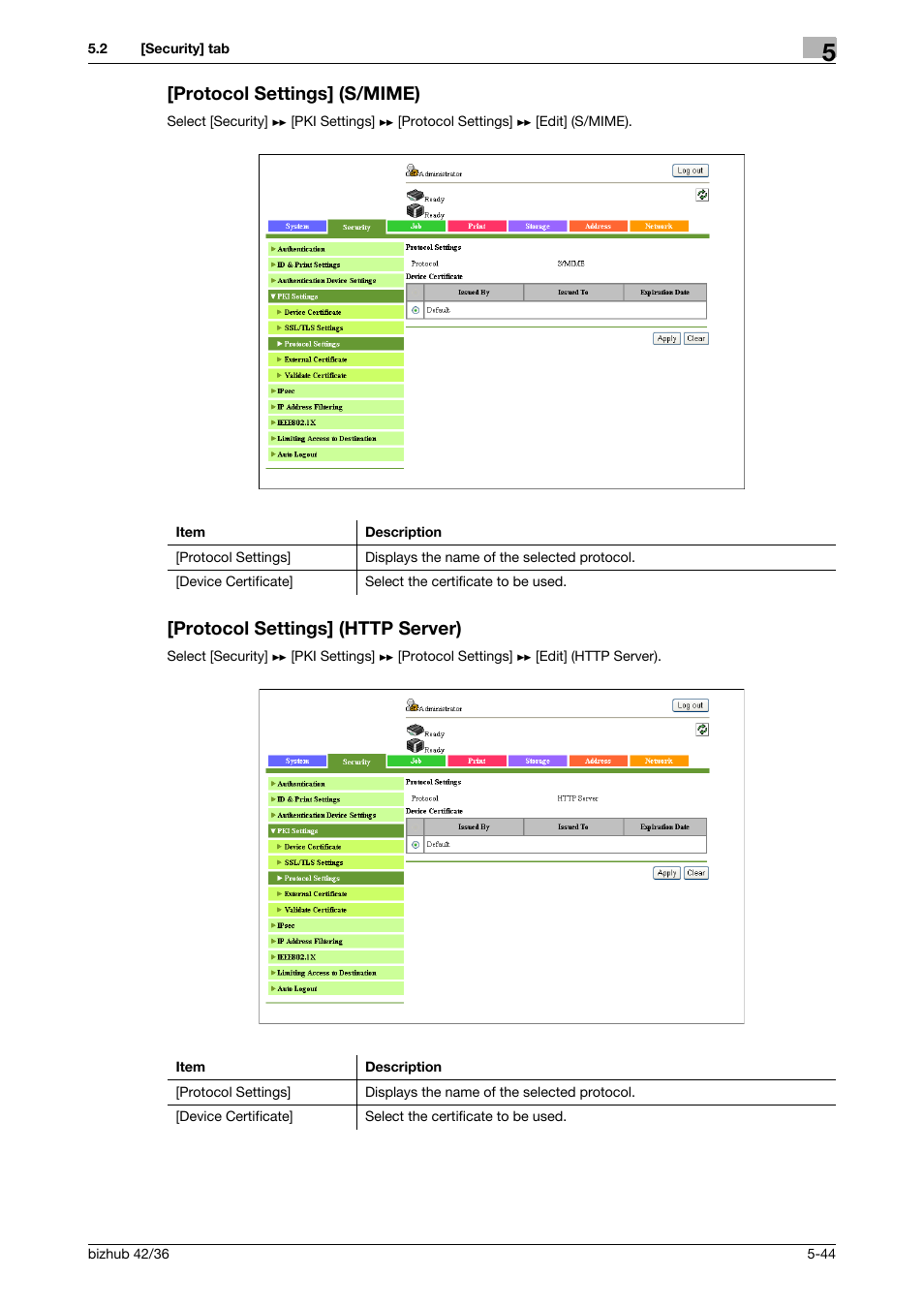 Protocol settings] (s/mime), Protocol settings] (http server) | Konica Minolta bizhub 42 User Manual | Page 132 / 284