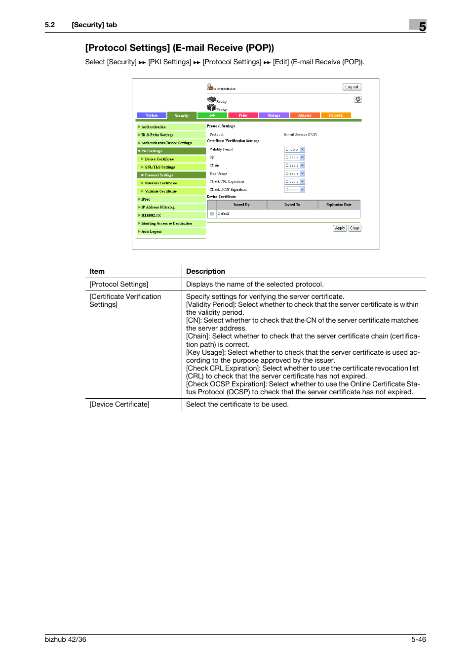 Protocol settings] (e-mail receive (pop)), Protocol settings] (e-mail receive (pop)) -46 | Konica Minolta bizhub 42 User Manual | Page 134 / 284